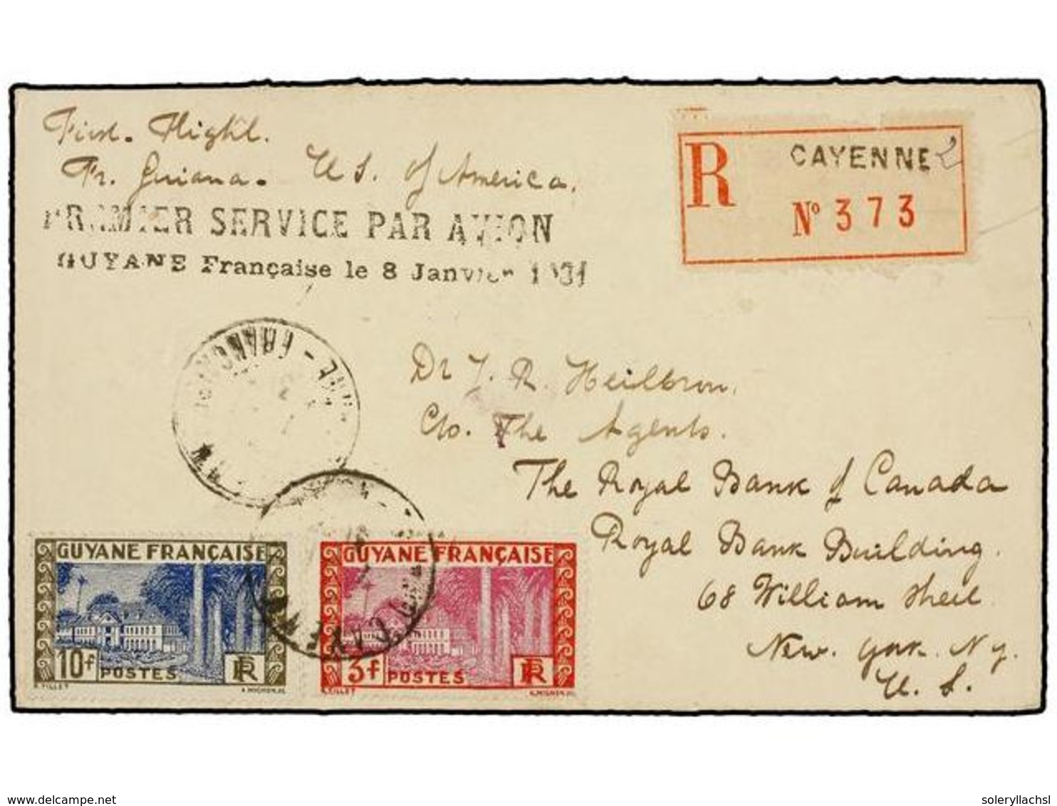 2088 GUAYANA FRANCESA. 1931. CAYENNE A USA. AIR MAIL <B>3 Fr. Y 10 Fr. PRIMER VUELO GUAYANA-USA, </B>al Dorso Llegada (M - Other & Unclassified