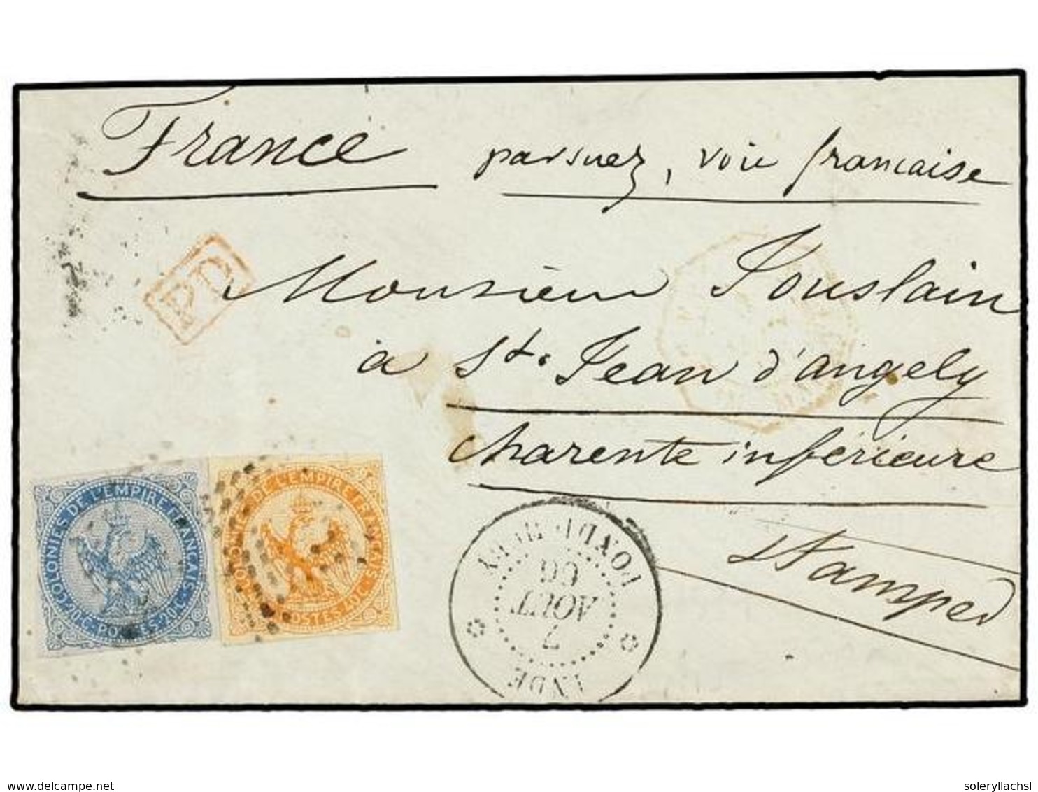 2093 INDIA FRANCESA. 1866 (Aug 7). Cover To FRANCE From PONDICHERY Franked By 1859-65 Eagle <B>20 C.</B> Blue & <B>40 C. - Other & Unclassified