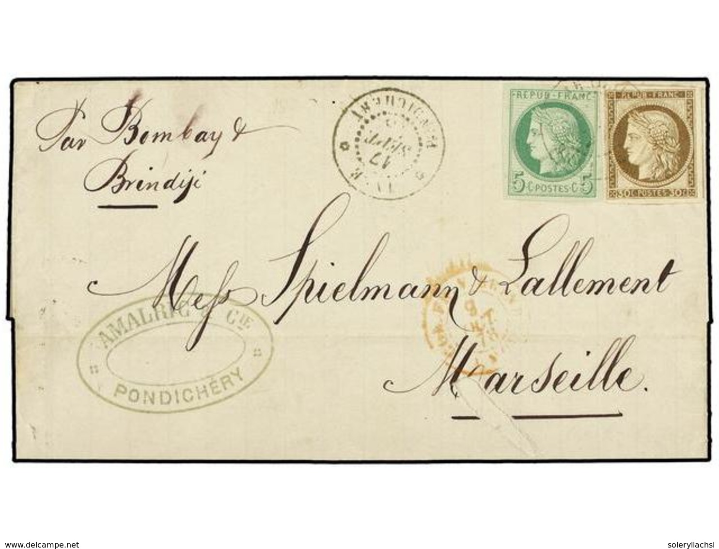 2094 INDIA FRANCESA. Ce.17+20. 1871 (April 12). Entire Letter From PONDICHERY To MARSEILLE Franked By General Issues 187 - Sonstige & Ohne Zuordnung