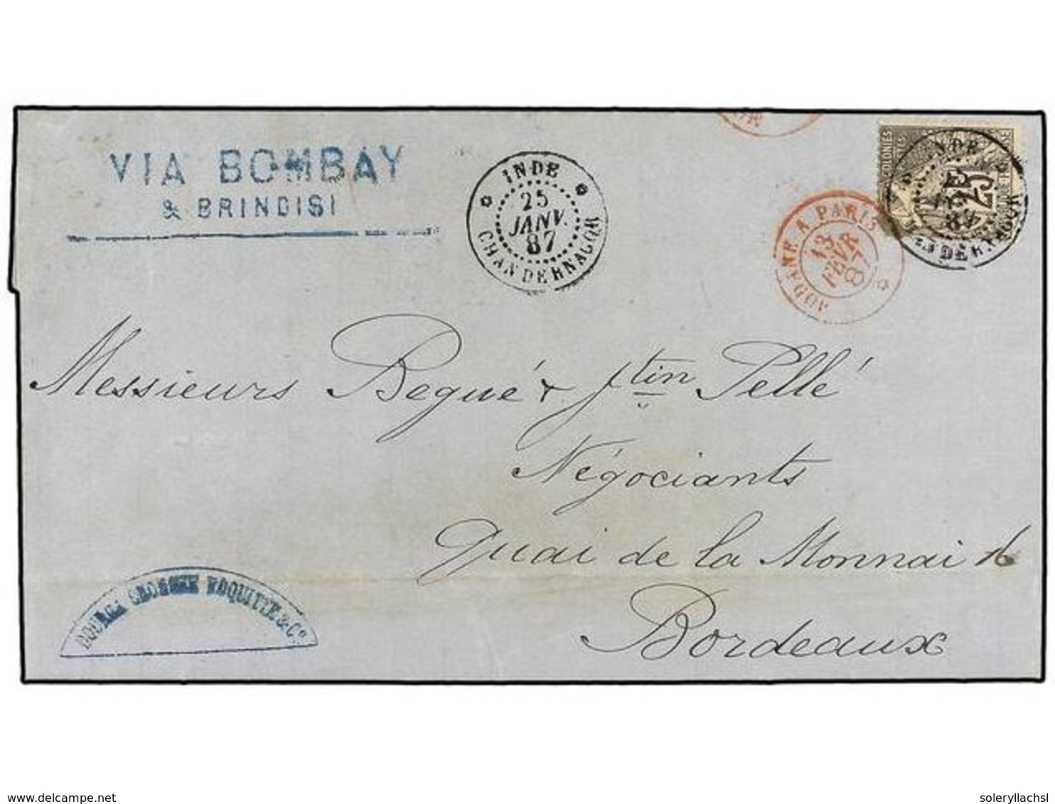 2096 INDIA FRANCESA. Ce.54. 1887 (Jan 25). Entire Letter Written From CALCUTTA Mailed With Dubois 1881 <B>25c.</B> Black - Other & Unclassified