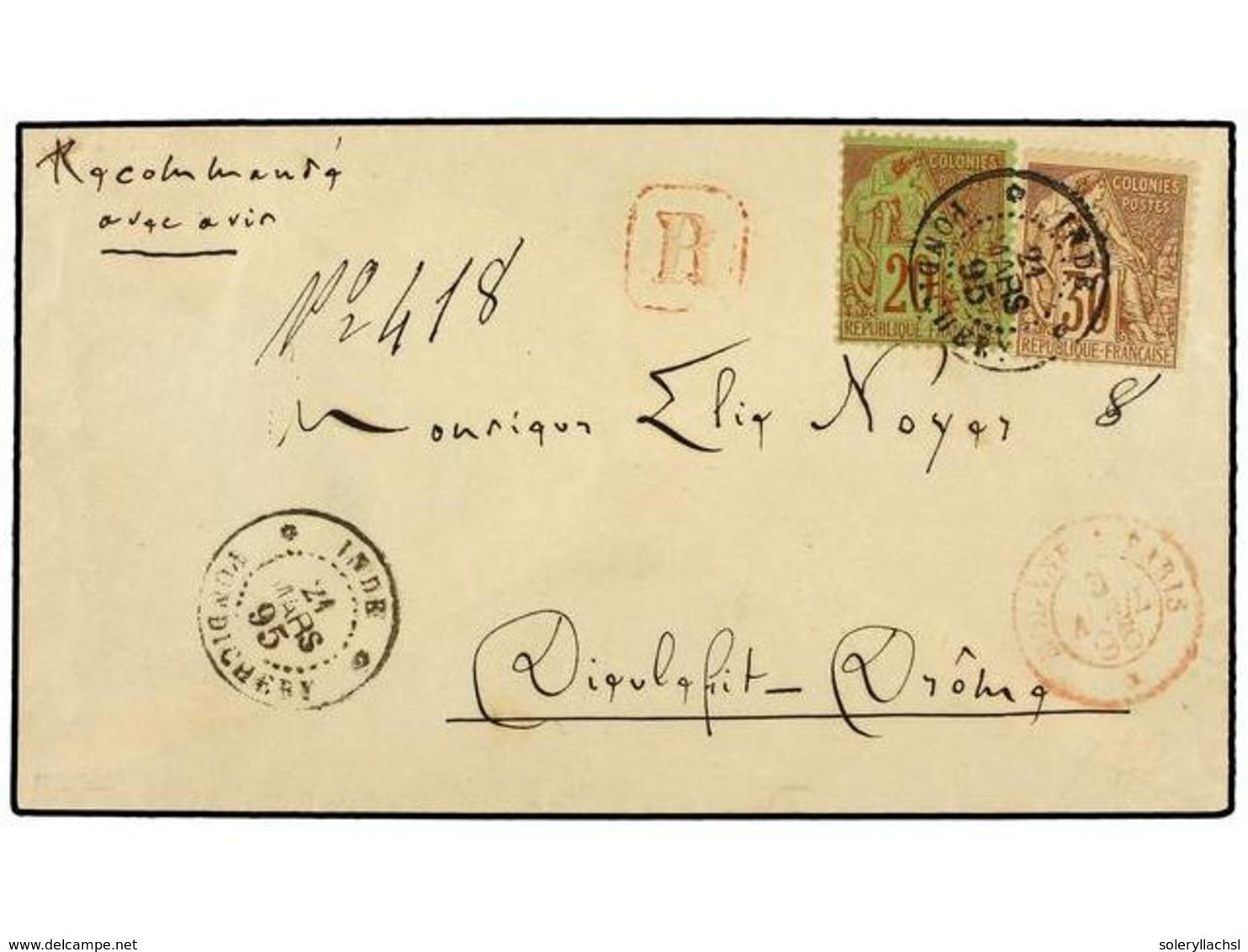 2097 INDIA FRANCESA. Ce.52+55. 1895 (March 21). Registered Cover To FRANCE Franked By 1881 Dublois <B>29c.</B> Brick Red - Other & Unclassified