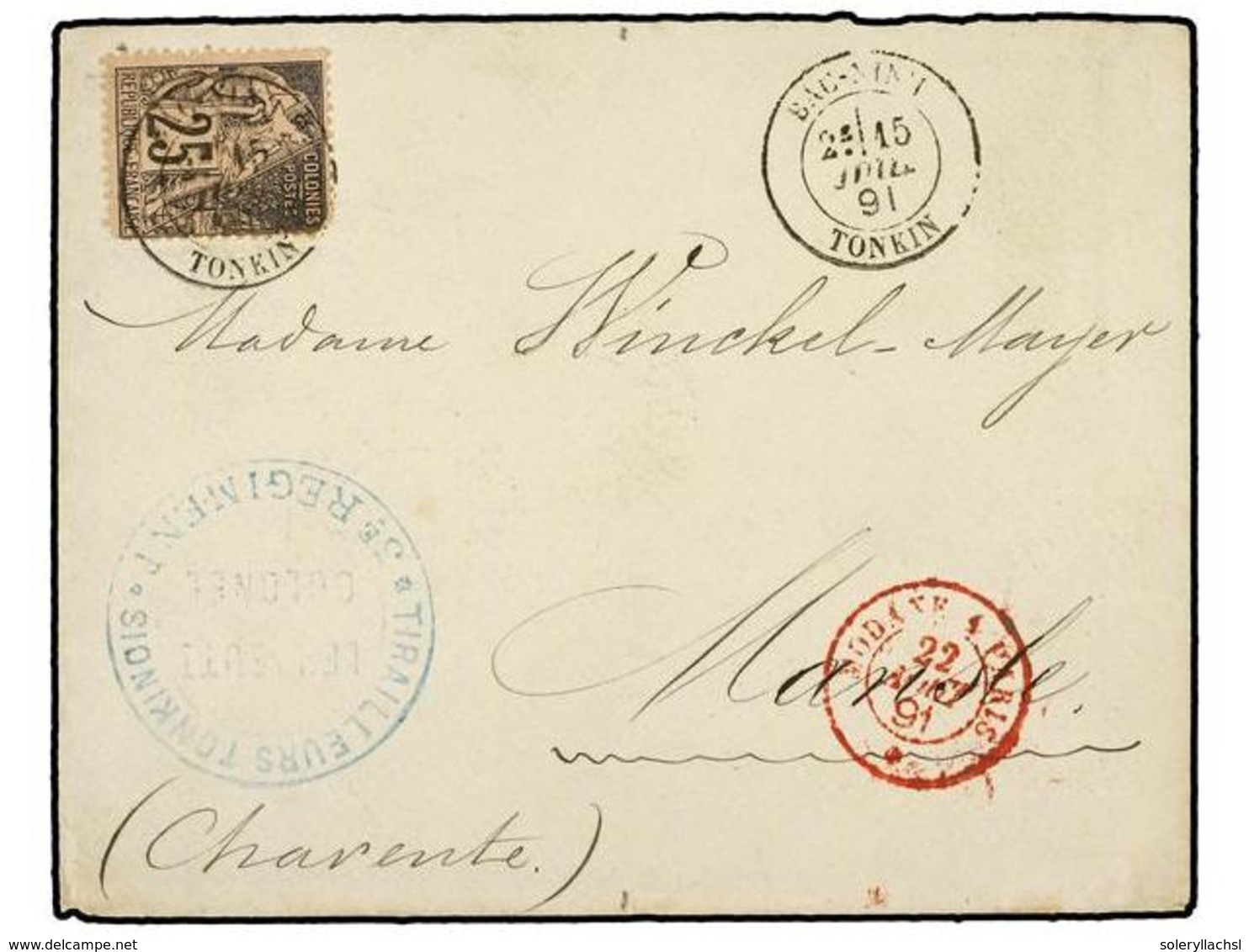 2102 INDOCHINA. Ce.54. 1891 (July 15). Cover To FRANCE Franked By 1881 Dubois <B>25c.</B> Black On Rose Tied By <B>BAC-N - Other & Unclassified