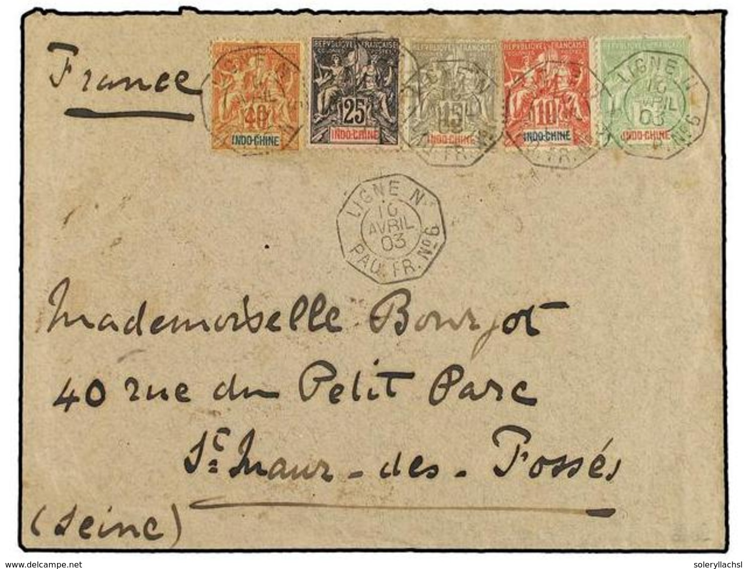 2105 INDOCHINA. 1903 (April 10). Colourful Cover To FRANCE Bearing 1892-1900 Type Sage <B>5c.</B> Yellow Green, <B>10c.< - Autres & Non Classés