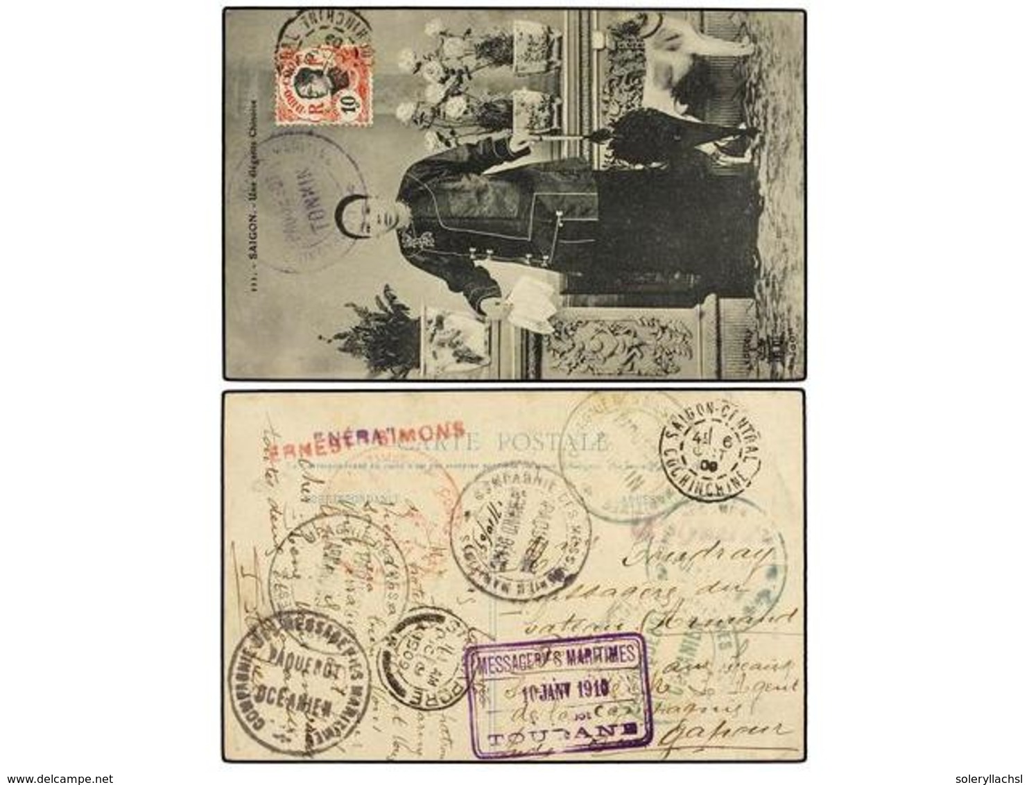 2109 INDOCHINA. 1909. SAIGON A SINGAPORE. <B>10 Cts.</B> Negro Y Rojo, Multitud De Marcas De Paquebots De Las <B>MESSAGE - Sonstige & Ohne Zuordnung