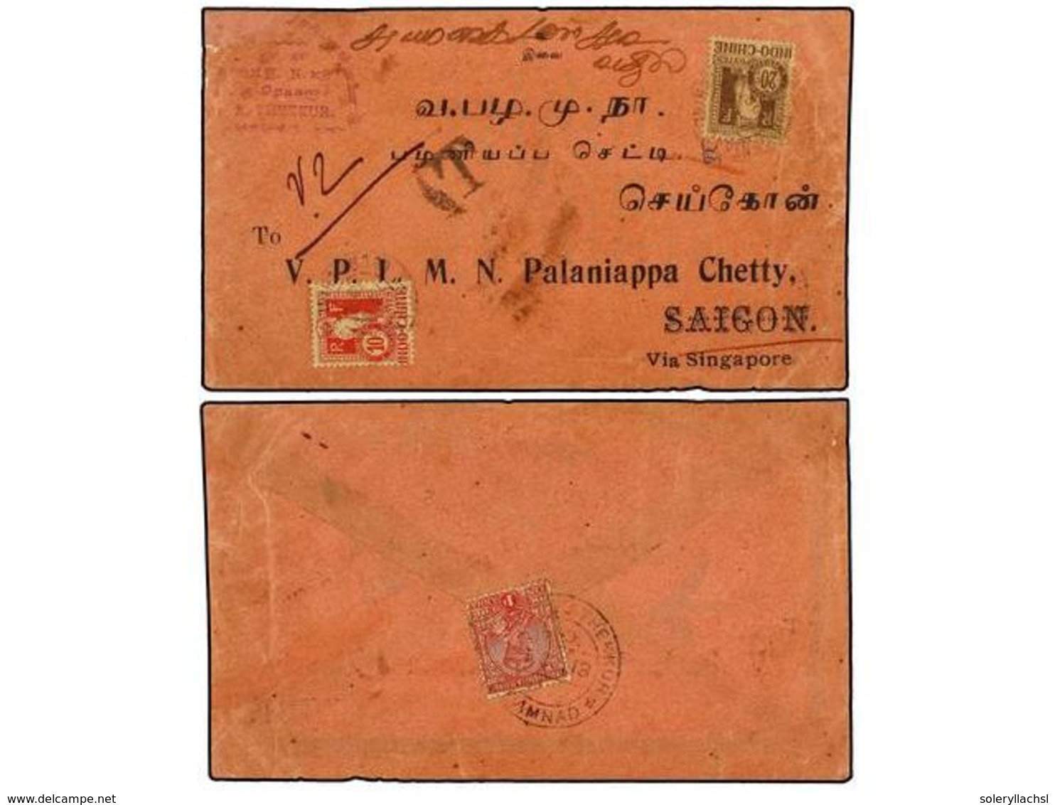 2110 INDOCHINA. 1913. THEKKUR (India) To SAIGON. <B>1 Anna</B> Red, Taxed On Arrival With <B>1 Cts.</B> Red And <B>20 Ct - Other & Unclassified