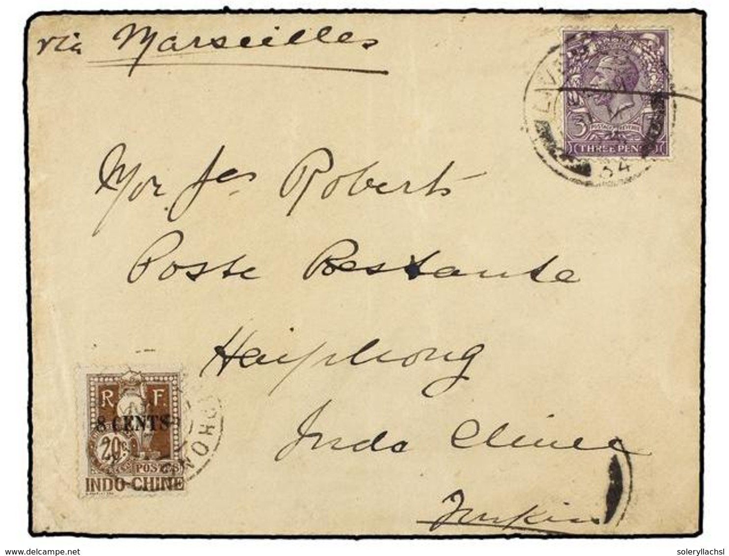 2114 INDOCHINA. 1930. GREAT BRITAIN To INDOCHINA. <B>3 D. </B>purple, Taxed On Arrival With <B>8 Cents.</B> On <B>20 Cts - Other & Unclassified