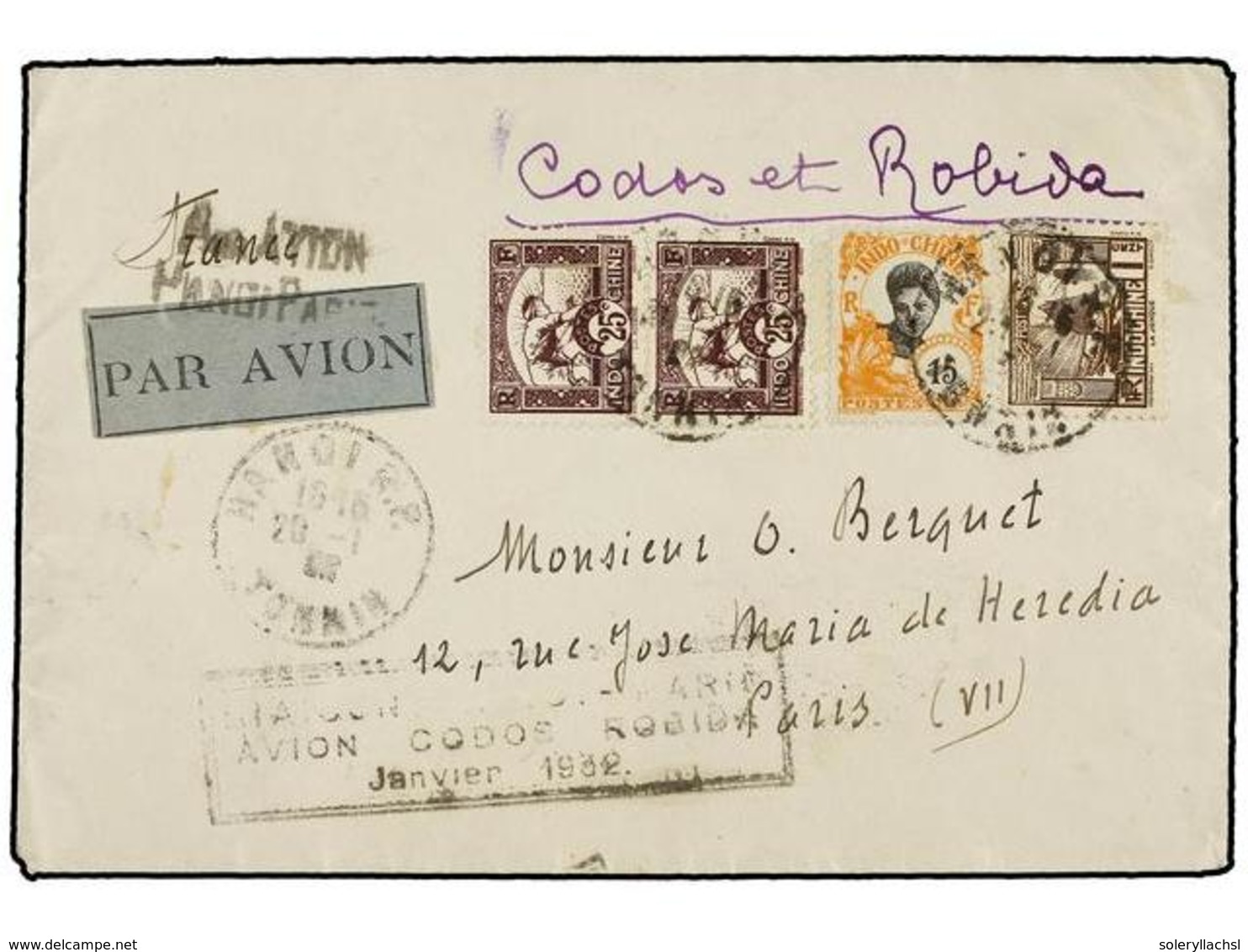 2116 INDOCHINA FRANCESA. 1932. HANOI To PARÍS. <B>FIRST FLIGHT</B> Cover With<B> LIAISON HANOI-PARIS/AVION CODOS-ROBIDA/ - Andere & Zonder Classificatie