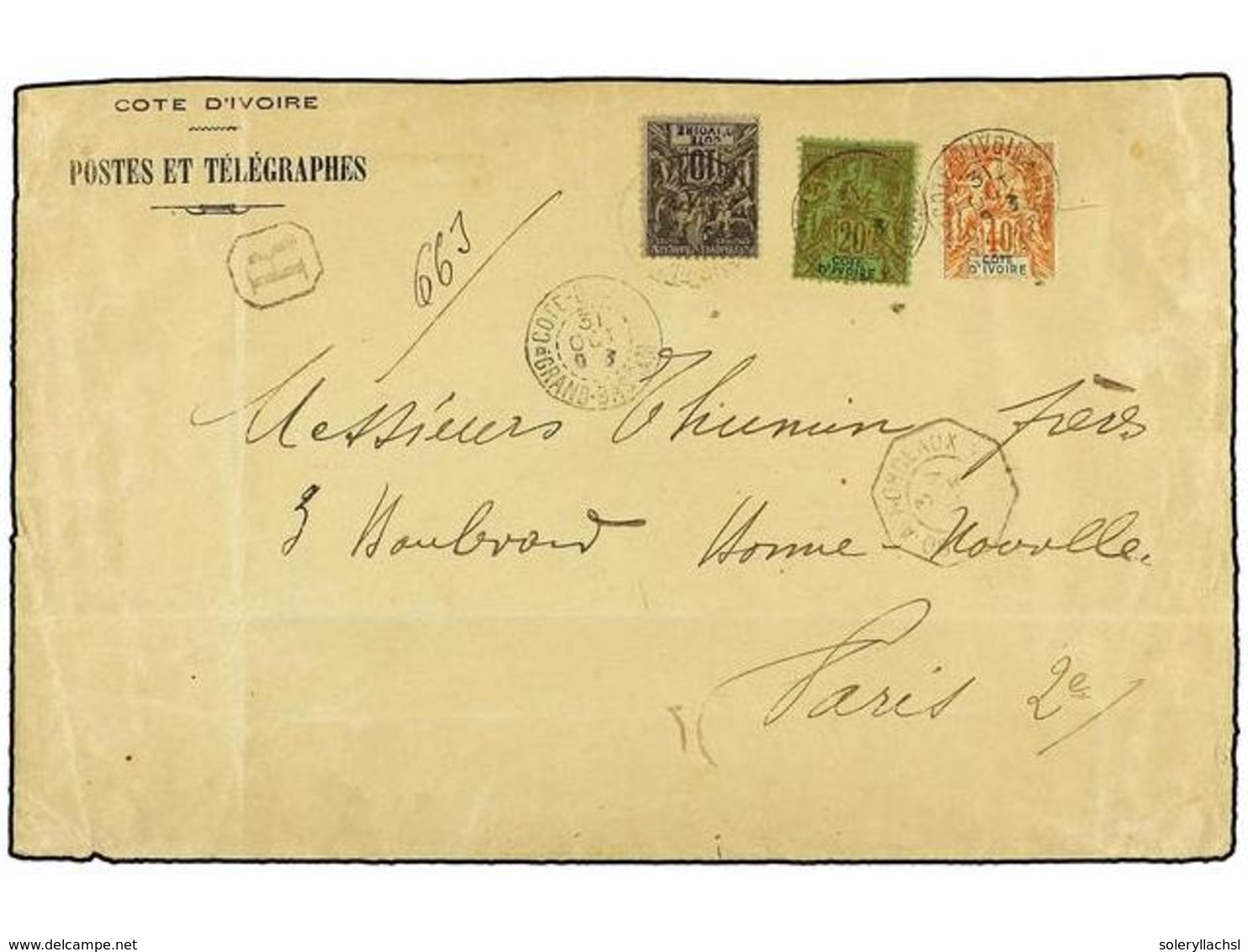 2118 COSTA DE MARFIL. 1903 (Oct 31). Posts & Telegraphs Envelope Sent Registered To Paris Bearing 1892 <B>10c</B>. Black - Sonstige & Ohne Zuordnung