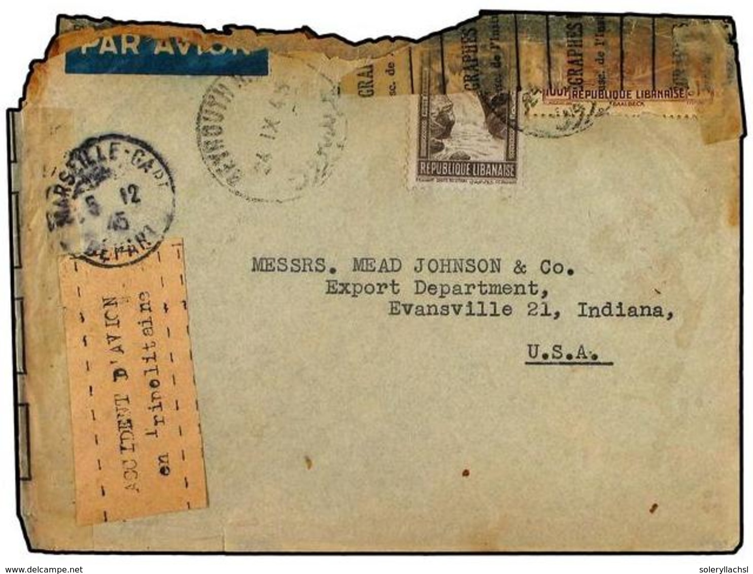 2122 LIBANO. 1945 (Nov 24). Cover, Badly Burnt Around Edges And Resealed With French Post & Telegraphs Office Tape, Two  - Sonstige & Ohne Zuordnung