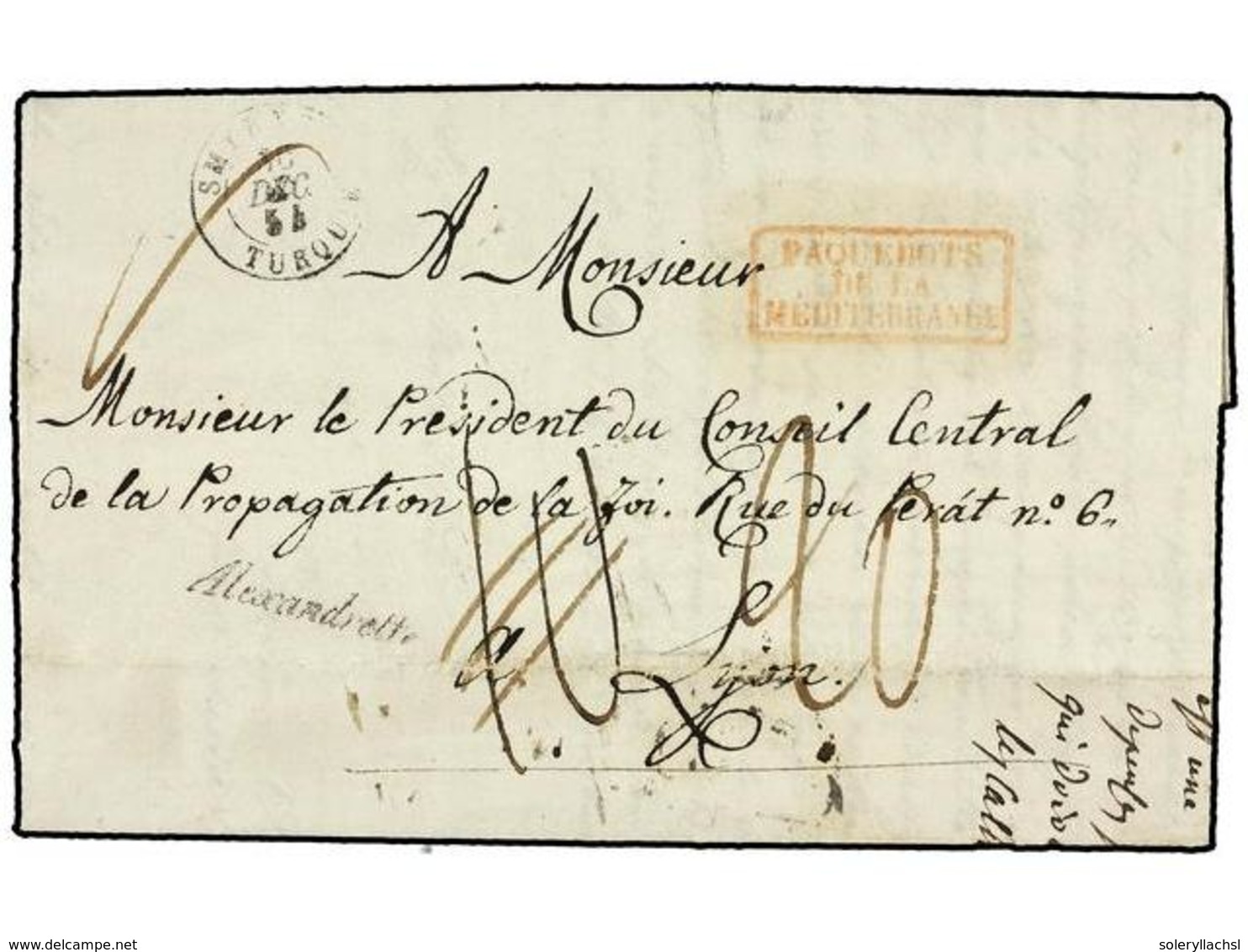 2125 LEVANTE: CORREO FRANCES. 1854. Unpaid Letter From SYRIA, Showing The Rare Cursive <B>ALEXANDRETTE</B> Origin Handst - Sonstige & Ohne Zuordnung
