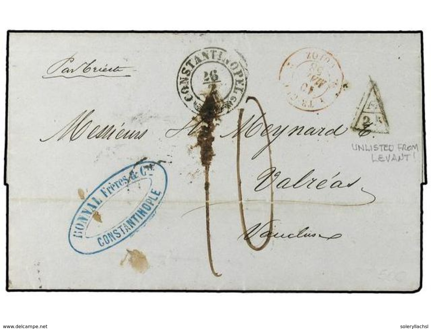 2126 LEVANTE: CORREO AUSTRIACO. 1858. Cover From Constantinople Via Trieste To France Sent Stampless From Austrian PO, S - Other & Unclassified