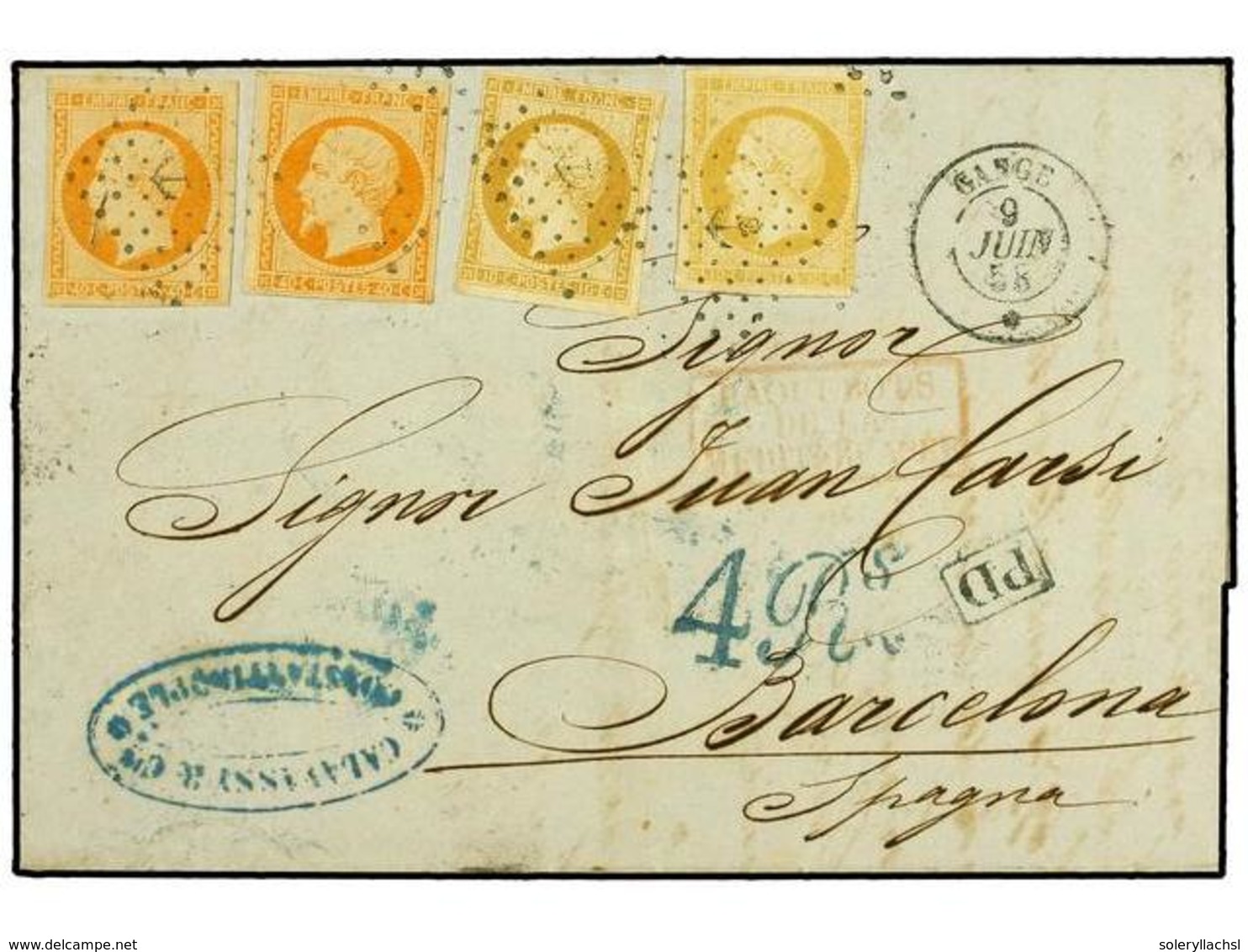 2127 LEVANTE: CORREO FRANCES. 1858 (June 9). Cover From CONSTANTINOPLE To BARCELONA Franked By 1853 <B>10c.</B> Bistre B - Other & Unclassified