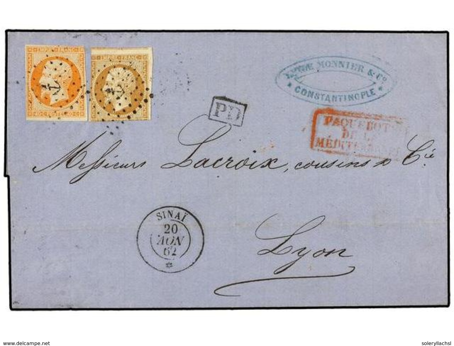 2128 LEVANTE: CORREO FRANCES. 1862. CONSTANTINOPLA A LYON. <B>10 Cts.</B> Bistre Y <B>40 Cts.</B> Naranja. Mat. <B>ANCLA - Other & Unclassified