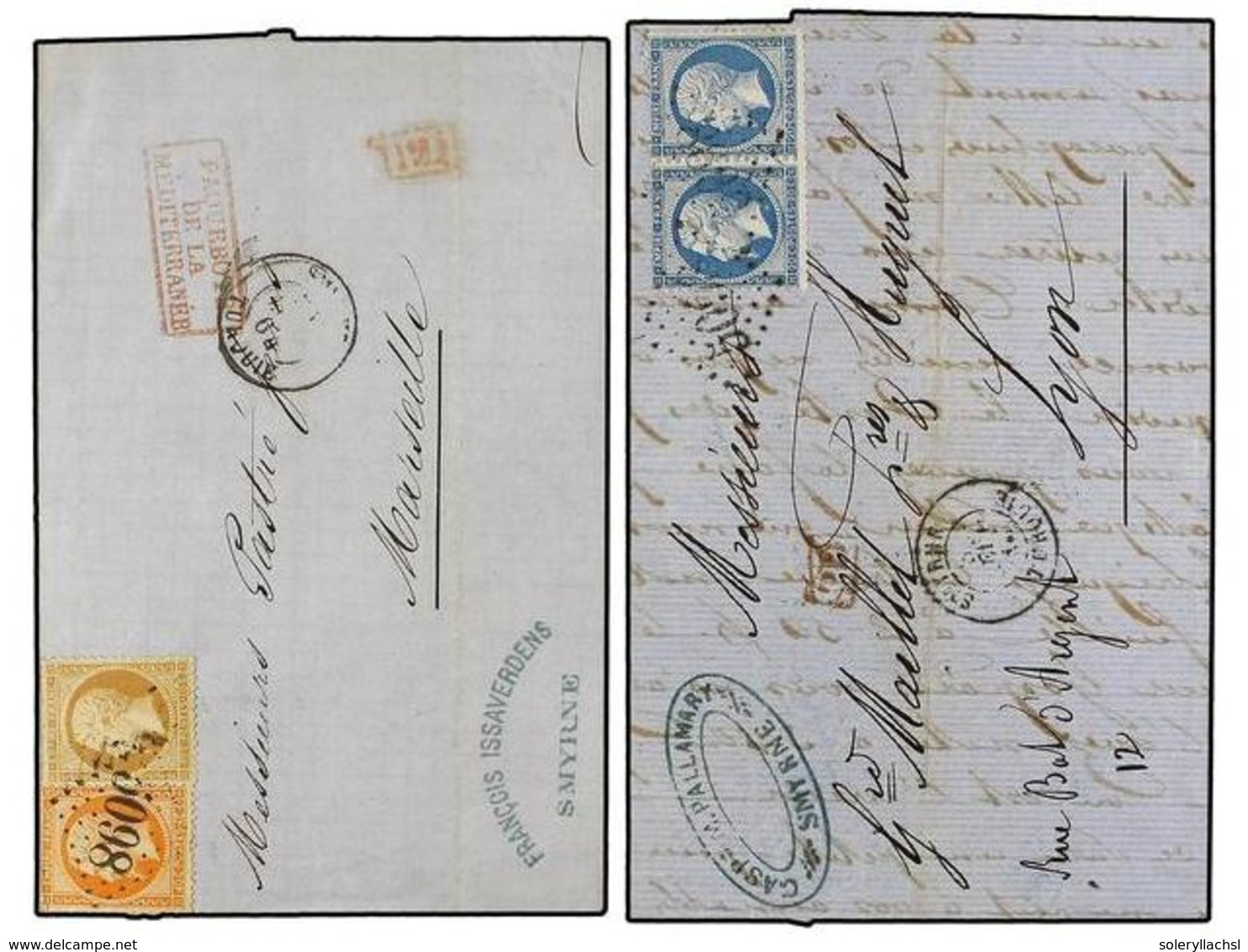 2133 LEVANTE. 1864-67. SMYRNE A FRANCIA. 2 Cartas Con Sellos Franceses De <B>20 + 20 Cts. </B>y <B> 10 + 40 Cts. </B>Mat - Other & Unclassified