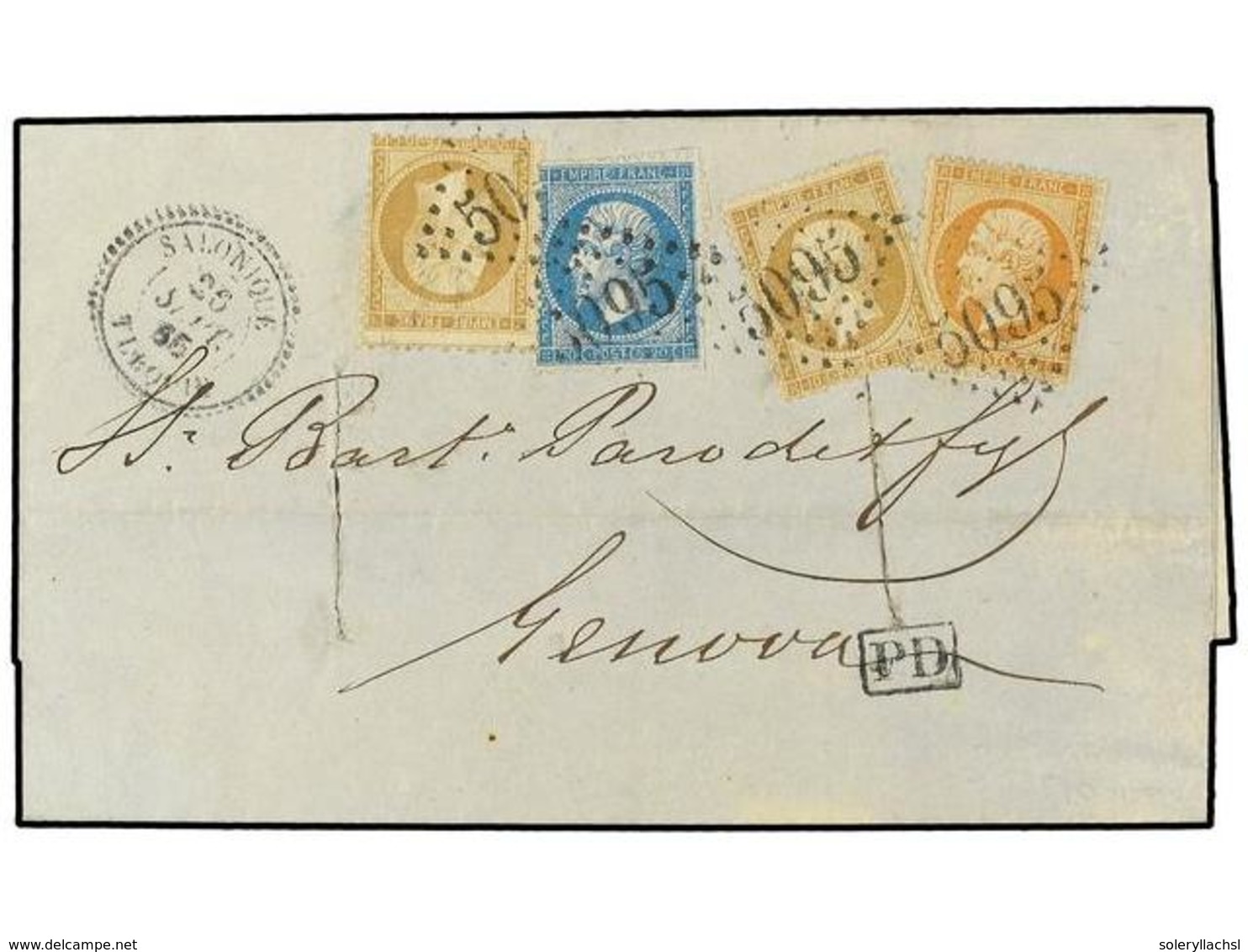 2134 LEVANTE: CORREO FRANCES. 1865 (Sept 26). Cover, Disinfected With Slits, Used To Genoa With Fine Franking Of 1862-71 - Sonstige & Ohne Zuordnung