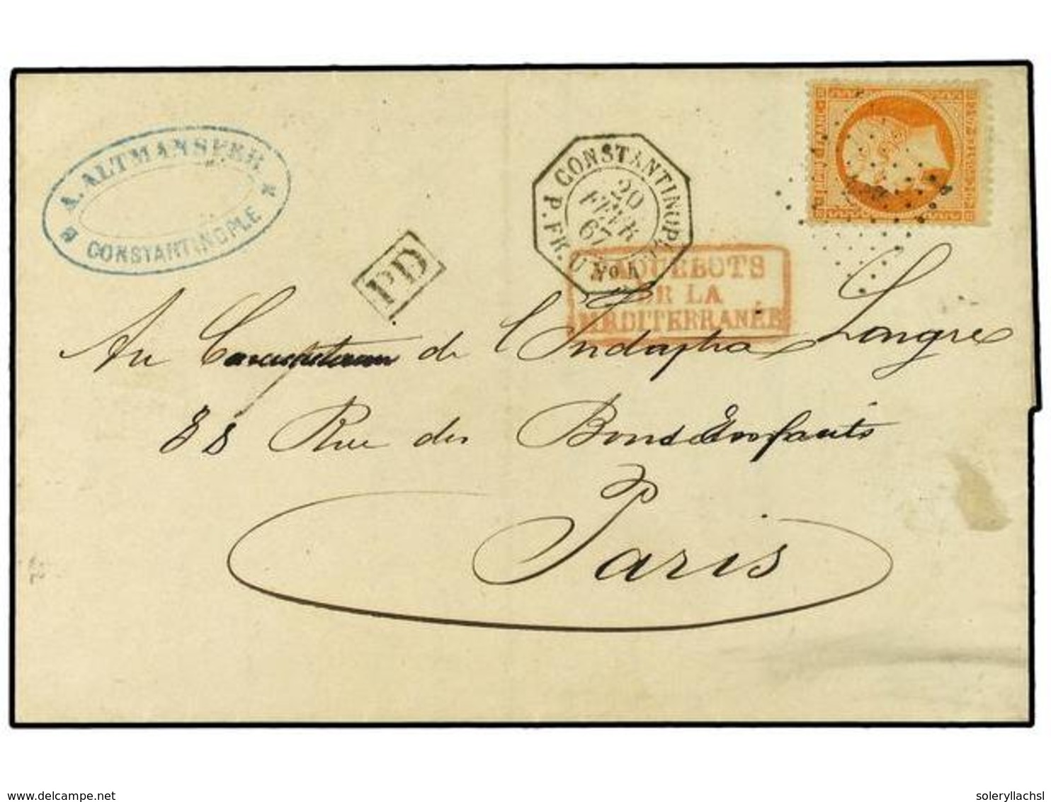 2135 LEVANTE: CORREO FRANCES. Sc.23. 1867 (Feb 20). Entire Letter From CONSTANTINOPLE To PARIS Franked By 1862 <B>40 C.< - Sonstige & Ohne Zuordnung