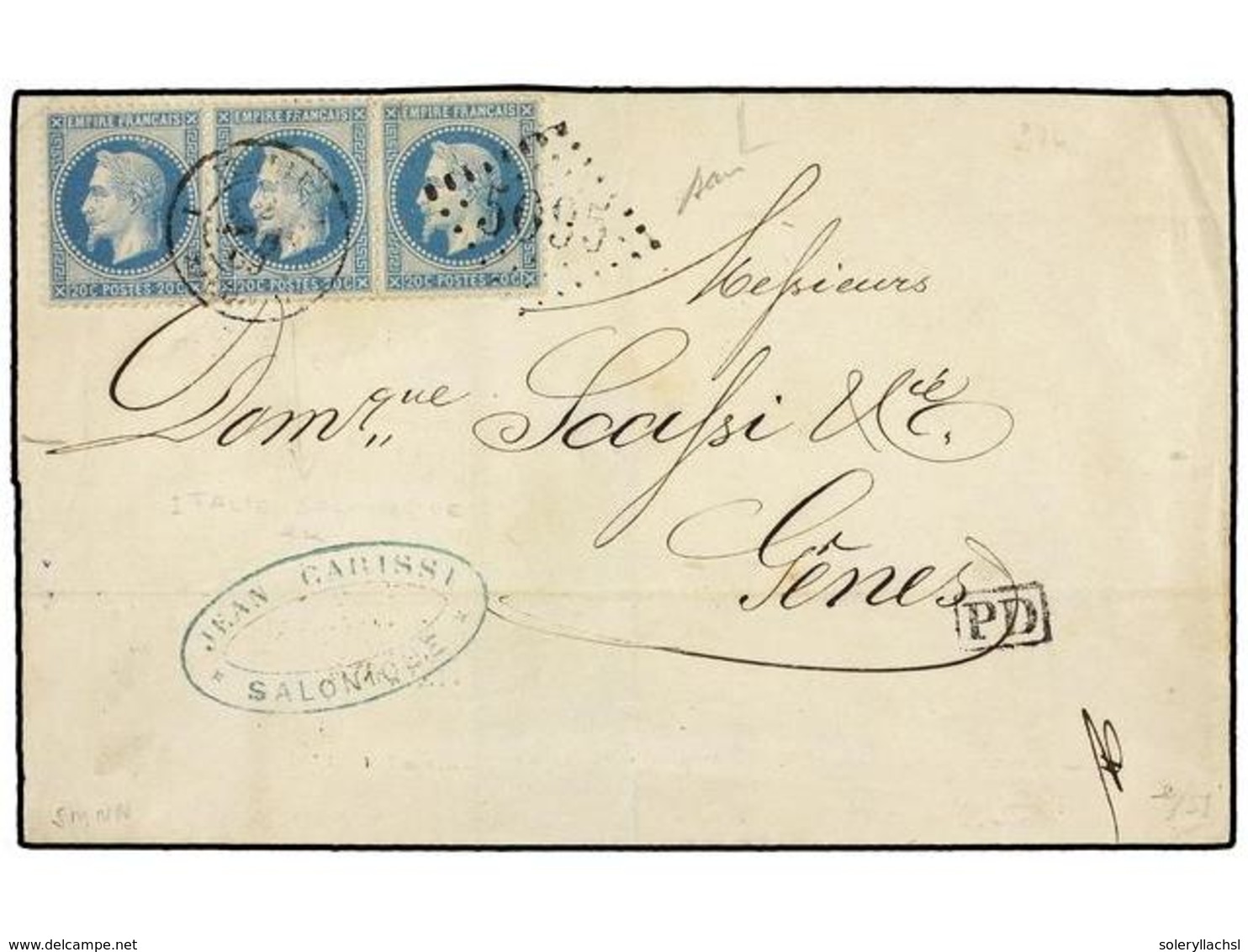 2139 LEVANTE. 1869. SALÓNICA A GENOVA (Italia). <B>20 Cts. </B>azul. Mat. Rombo De Puntos <B>'5095' </B>de <B>SALÓNICA < - Sonstige & Ohne Zuordnung