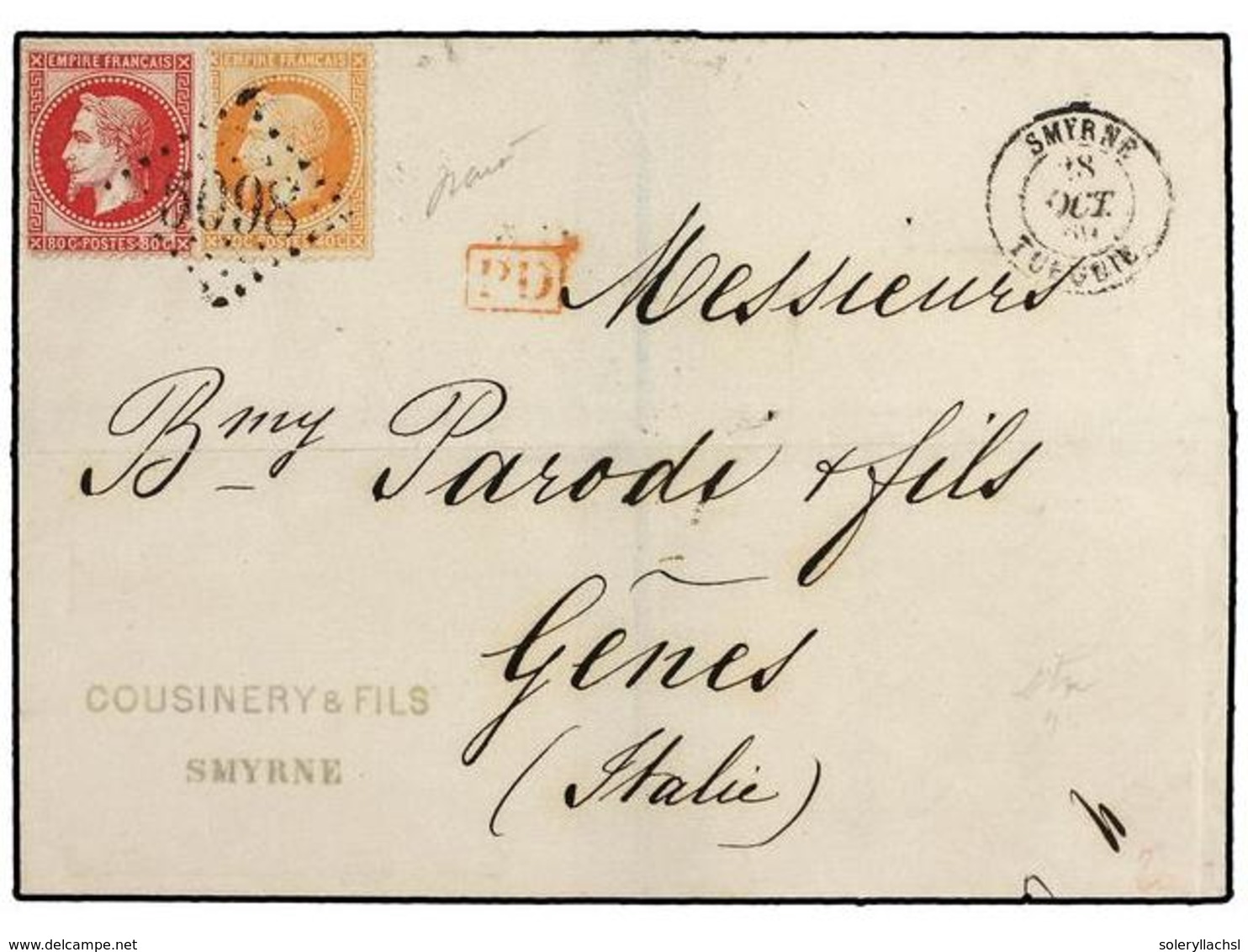 2140 LEVANTE. 1869. SMYRNA A GENOVA (Italia). <B> 40 Cts.</B> Naranja (defecto En Origen) Y <B>80 Cts. </B>carmín. Mat.  - Sonstige & Ohne Zuordnung