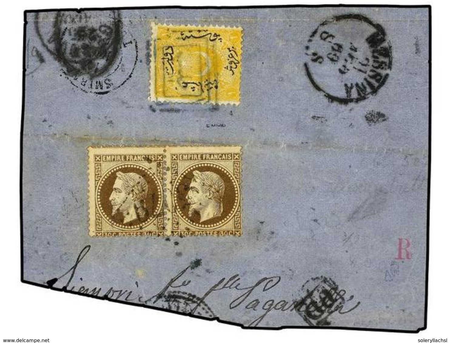 2141 LEVANTE: CORREO FRANCES. 1869. Fragmento Con Sellos Franceses De <B>30 Cts.</B> Castaño (2). Mat. Cifras Grandes <B - Other & Unclassified