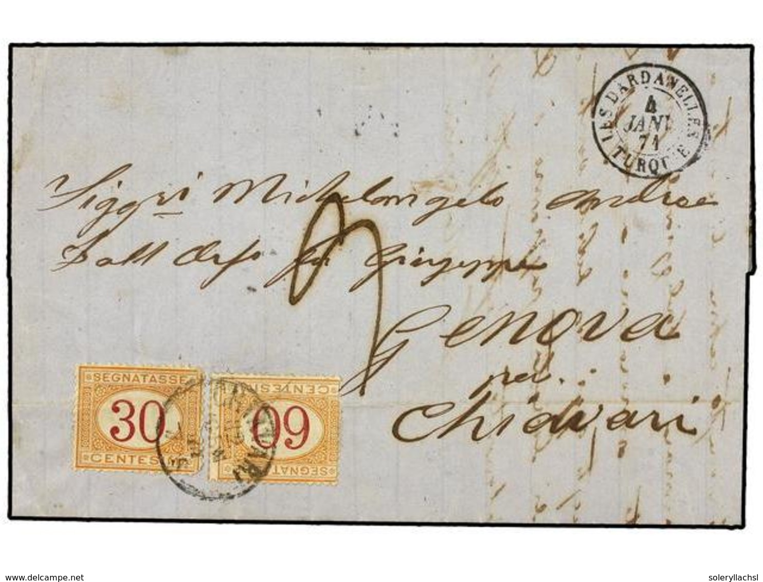 2143 LEVANTE: CORREO FRANCES. 1871. DARDANELLI To GENOA. <B>LES DARDANELLES/TURQUIE</B> French Cds. On Arrival Taxed <B> - Other & Unclassified