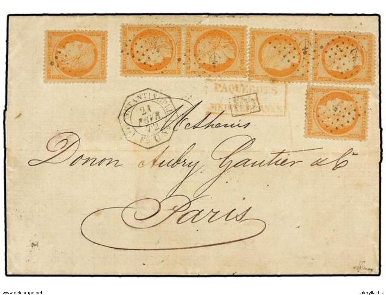 2146 LEVANTE: CORREO FRANCES. 1872. CONSTANTINOPLA A PARÍS. <B>40 Cts.</B> Naranja (6), Mat. <B>ANCLA</B> Y Fechador <B> - Other & Unclassified