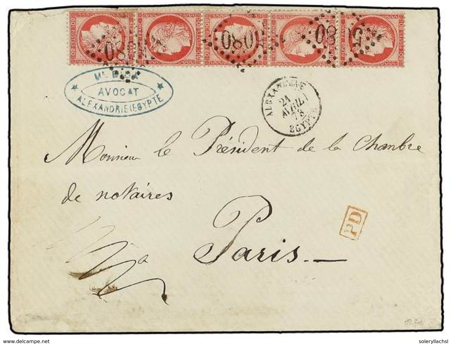 2147 LEVANTE: CORREO FRANCES. 1873. Cover Franked With Five France <B>80c.</B> Rose Ceres Issue (Yv. 57, Left Stamp Dama - Sonstige & Ohne Zuordnung