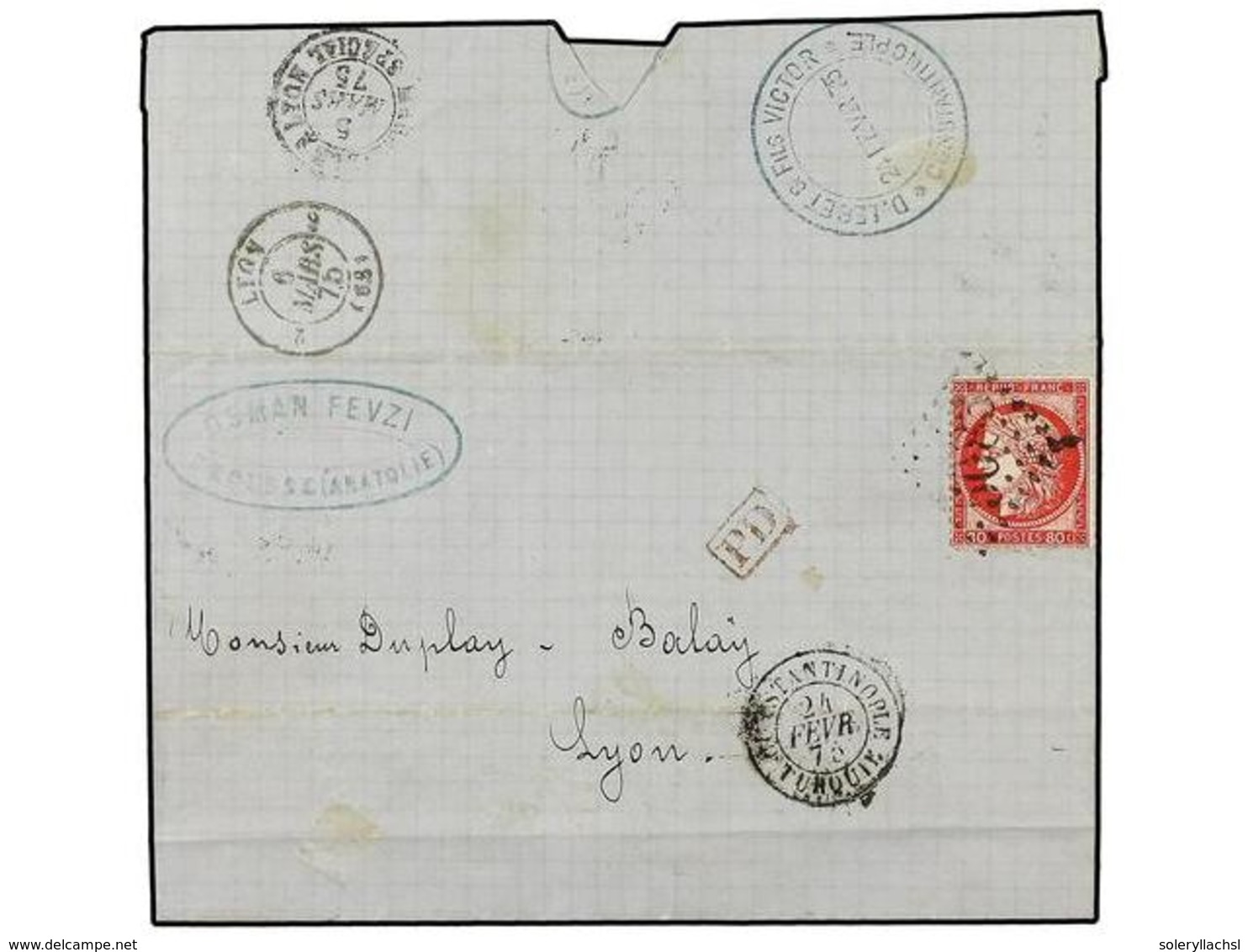 2150 LEVANTE: CORREO FRANCES. Ce.57. 1875 (Feb. 20). Cover From BROUSSE To LYON, Mailed Via Forwarding Agent's With Blue - Sonstige & Ohne Zuordnung