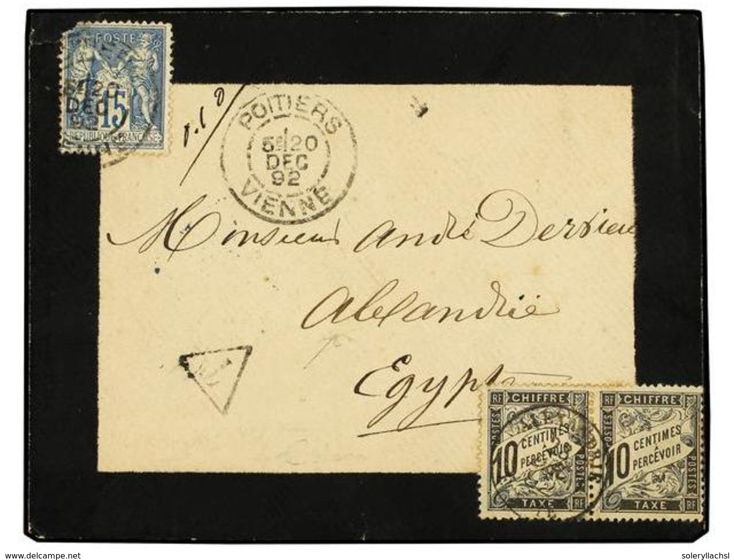 2156 LEVANTE: CORREO FRANCES. 1892 (Dec 20). Mourning Cover To ALEXANDRIA (Egypt) With Defective Type Sage <B>15c</B>. B - Andere & Zonder Classificatie