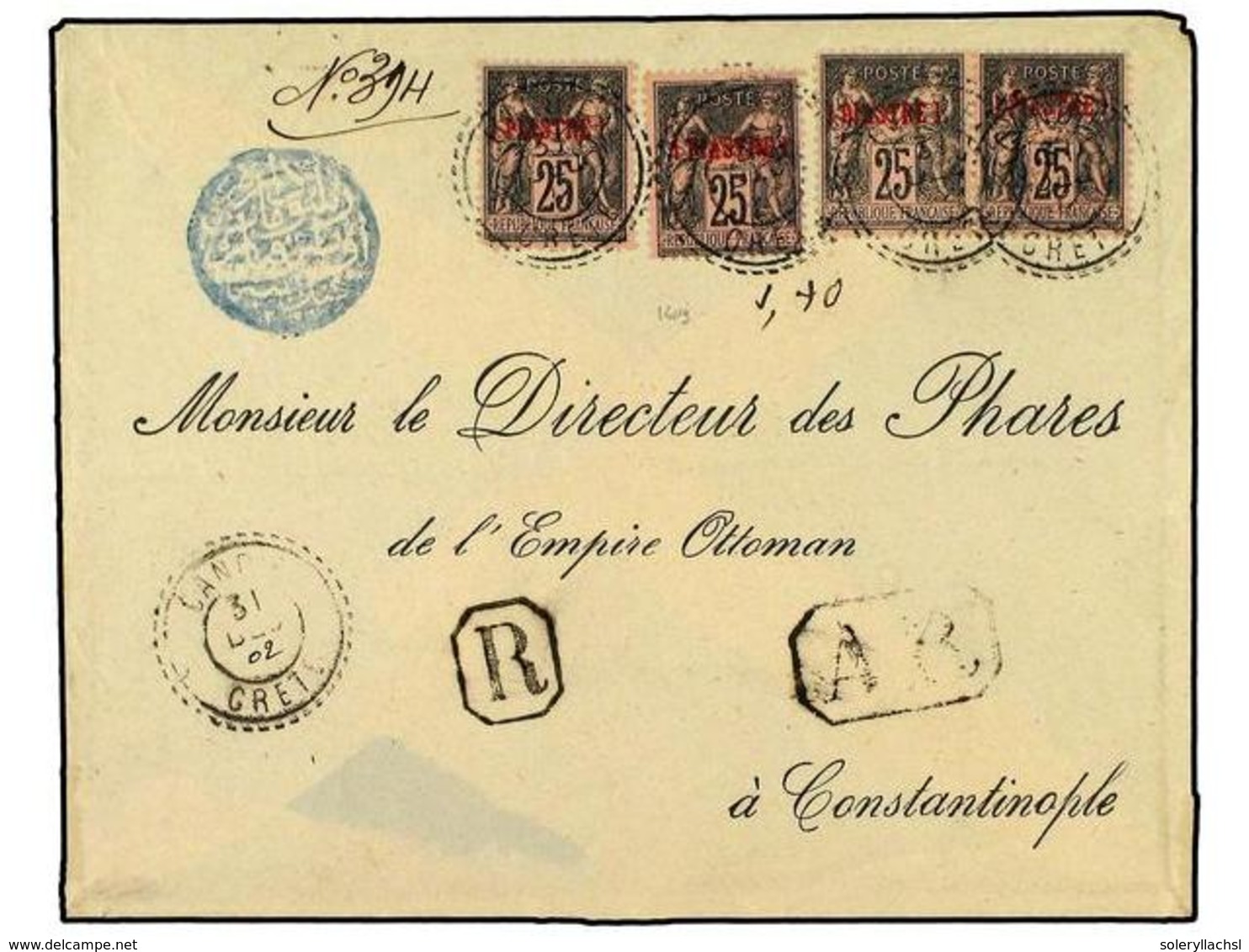 2158 LEVANTE: CORREO FRANCES. 1902. Registered-AR Cover To CONSTANTINOPLE Franked By 1886 <B>1 Pi. On 25 C.</B> Black On - Other & Unclassified