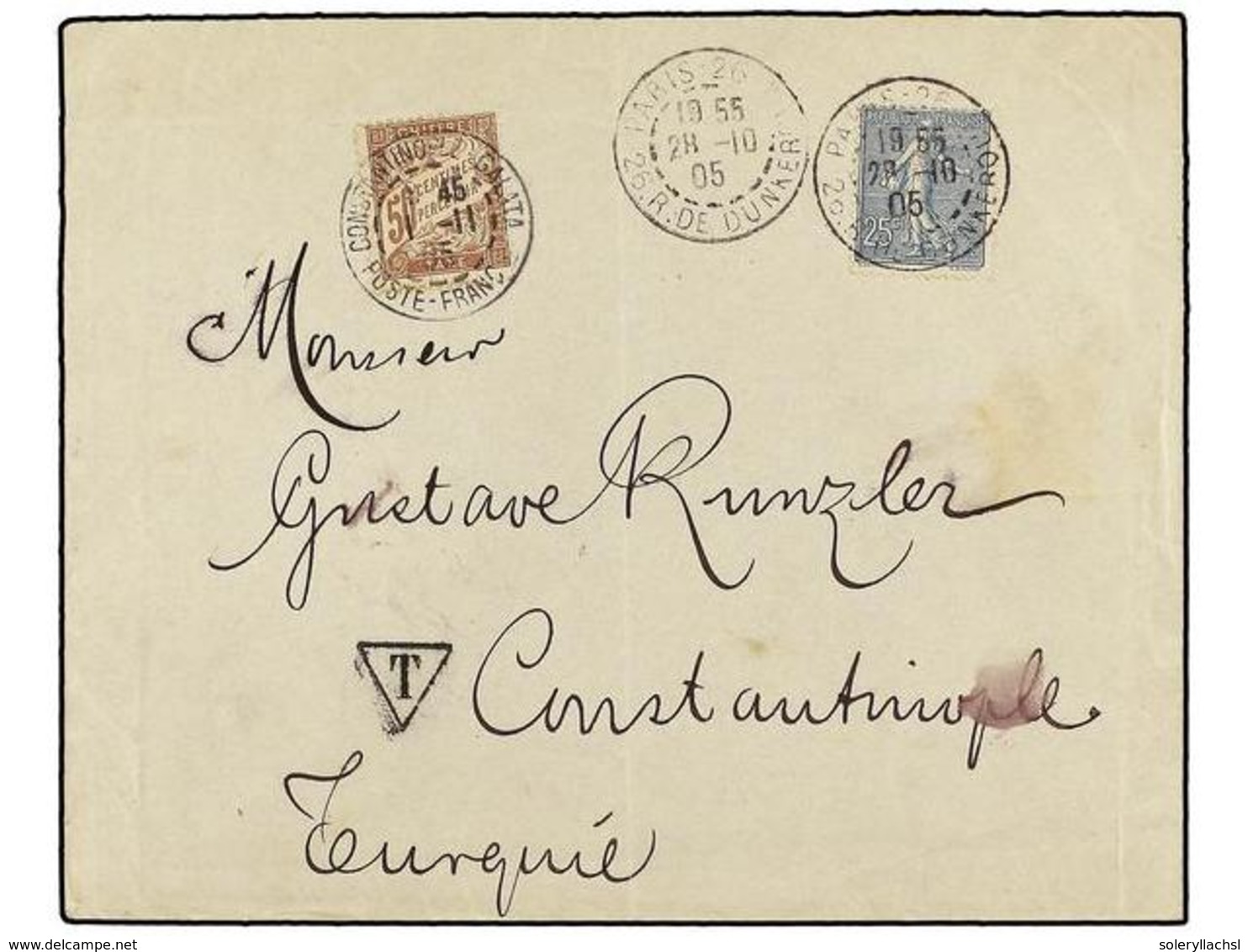 2159 LEVANTE. 1905. PARIS A CONSTANTINOPLA. <B>25 Cts.</B> Azul, Tasado A La Llegada Con Sello Francés De <B>50 Cent. </ - Sonstige & Ohne Zuordnung