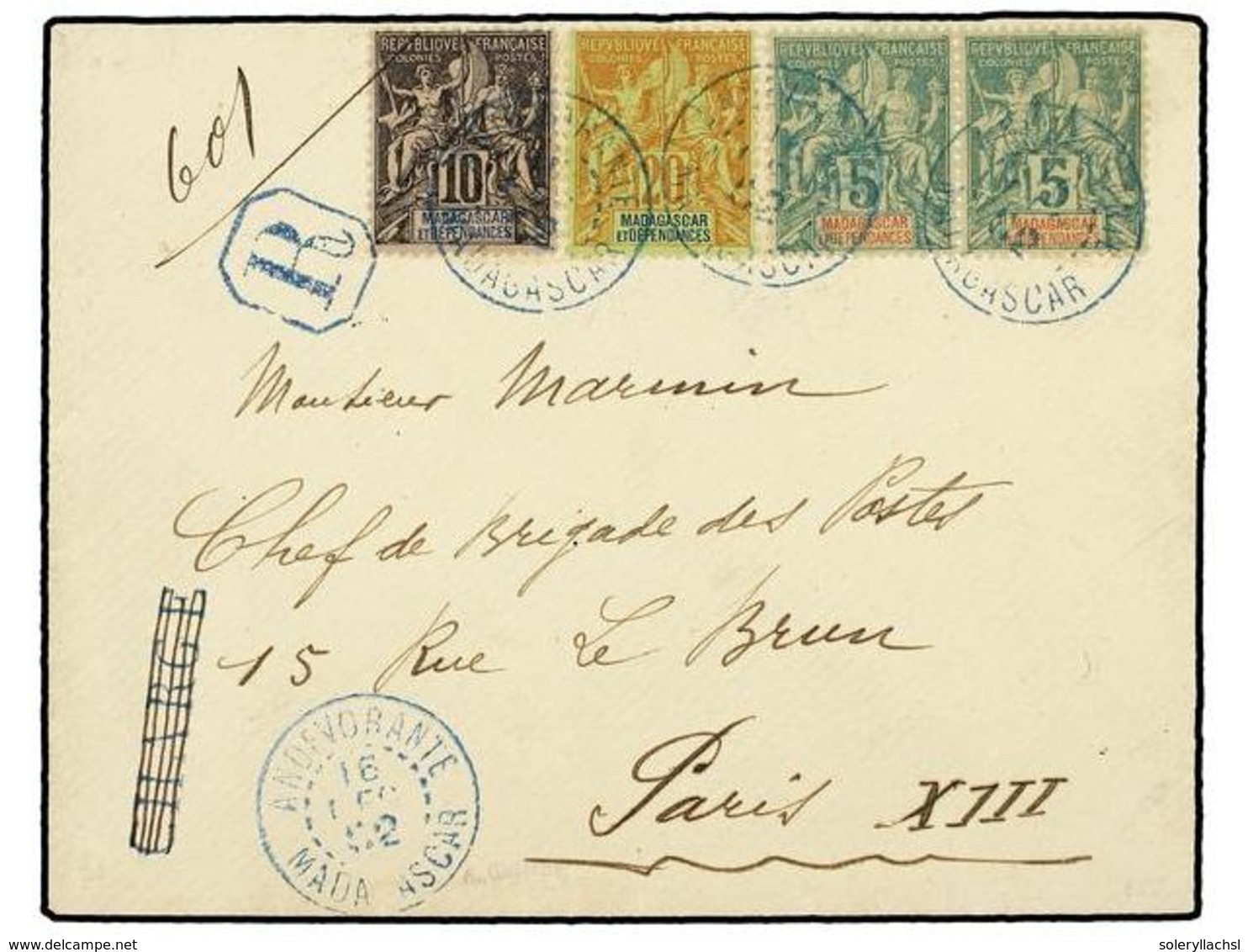 2163 MADAGASCAR. 1902 (Dec 16). Registered Cover To PARIS Franked By 1896-99 <B>5c.</B> Green Pair, <B>10c. </B>black On - Other & Unclassified