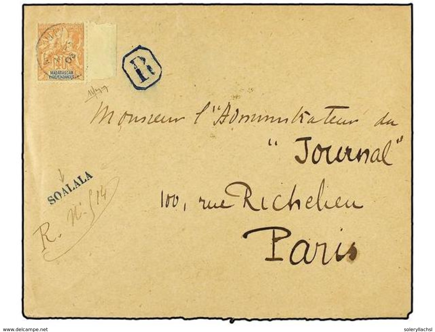 2164 MADAGASCAR. Ce.37. 1903 (March 2). Registered Cover Struck With Straight Line <B>SOALALA </B>in Blue Of Despatch At - Other & Unclassified