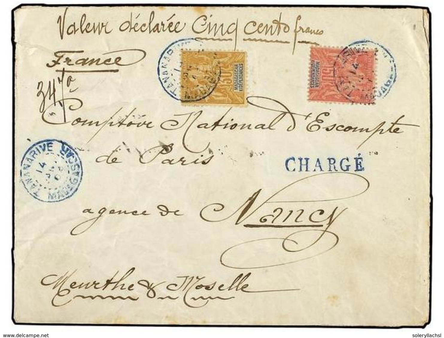 2165 MADAGASCAR. 1904. Registered And Charged Mail To France Bearing <B>30 Cent</B> Bistre (Yvert 36) And<B> 50 Cent</B> - Sonstige & Ohne Zuordnung