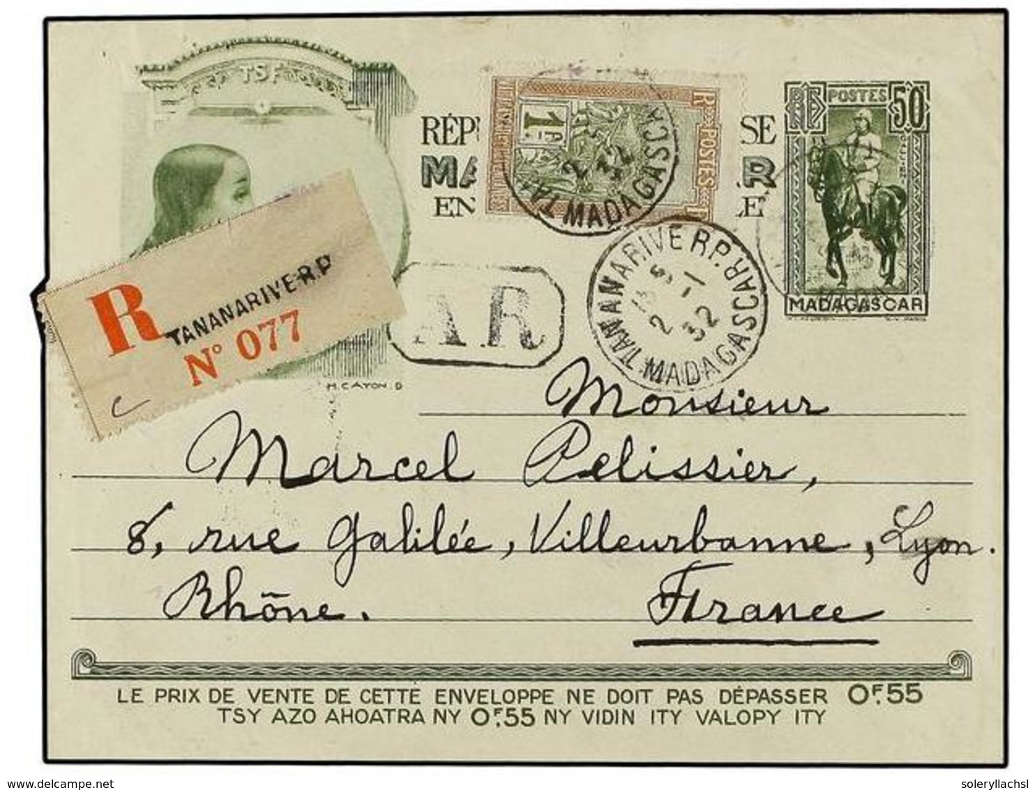 2171 MADAGASCAR. 1932. TANAMARIVE A FRANCIA. Entero Postal De <B>50 Cts. </B>verde Con Franqueo Adicional De<B> 1 Fr. </ - Other & Unclassified