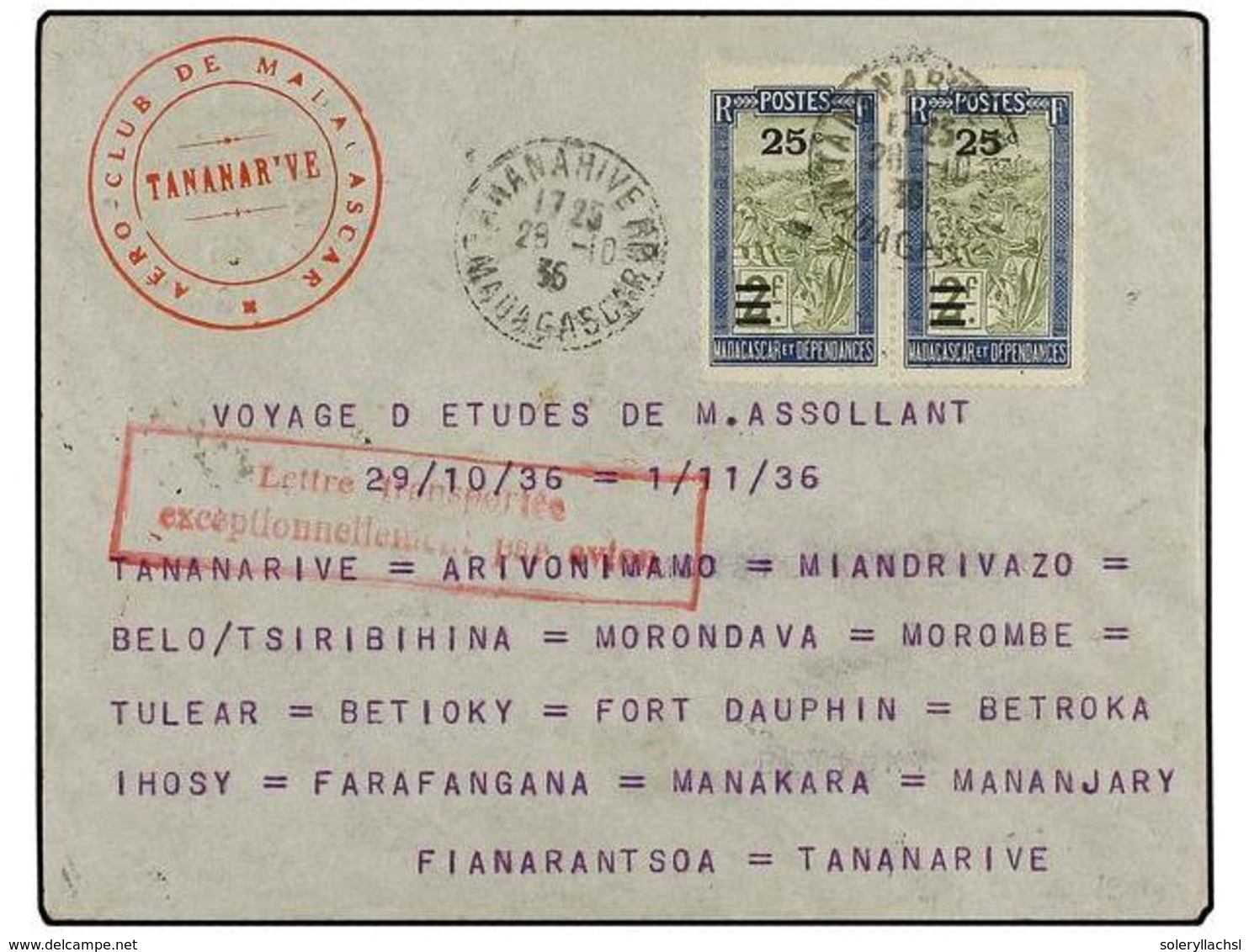 2174 MADAGASCAR. 1936 (29-Octubre). AIR MAIL. TANNARIVE A TANNARIVE. VUELO DE ESTUDIOS Del Piloto M. ASSOLLAND. Marca De - Sonstige & Ohne Zuordnung