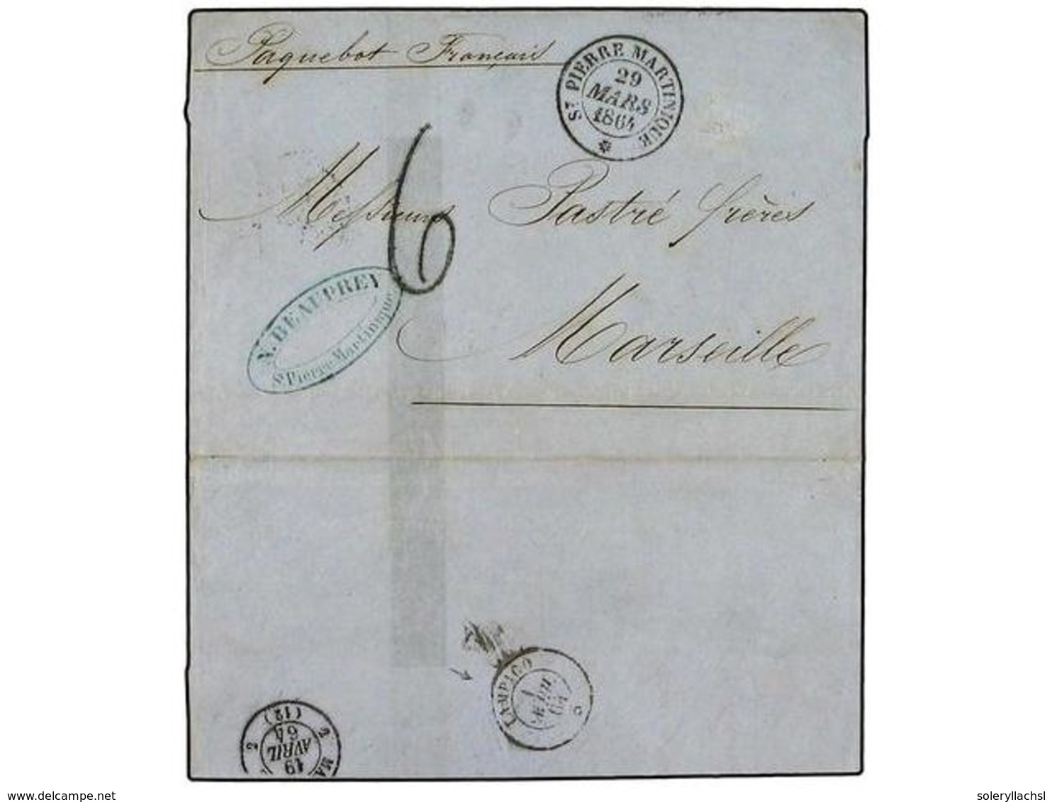2191 MARTINICA. 1864 (March 29). Cover To Marseille Bearing Superb Strike Of <B>ST PIERRE-MARTINIQUE</B> Cds Of Despatch - Other & Unclassified