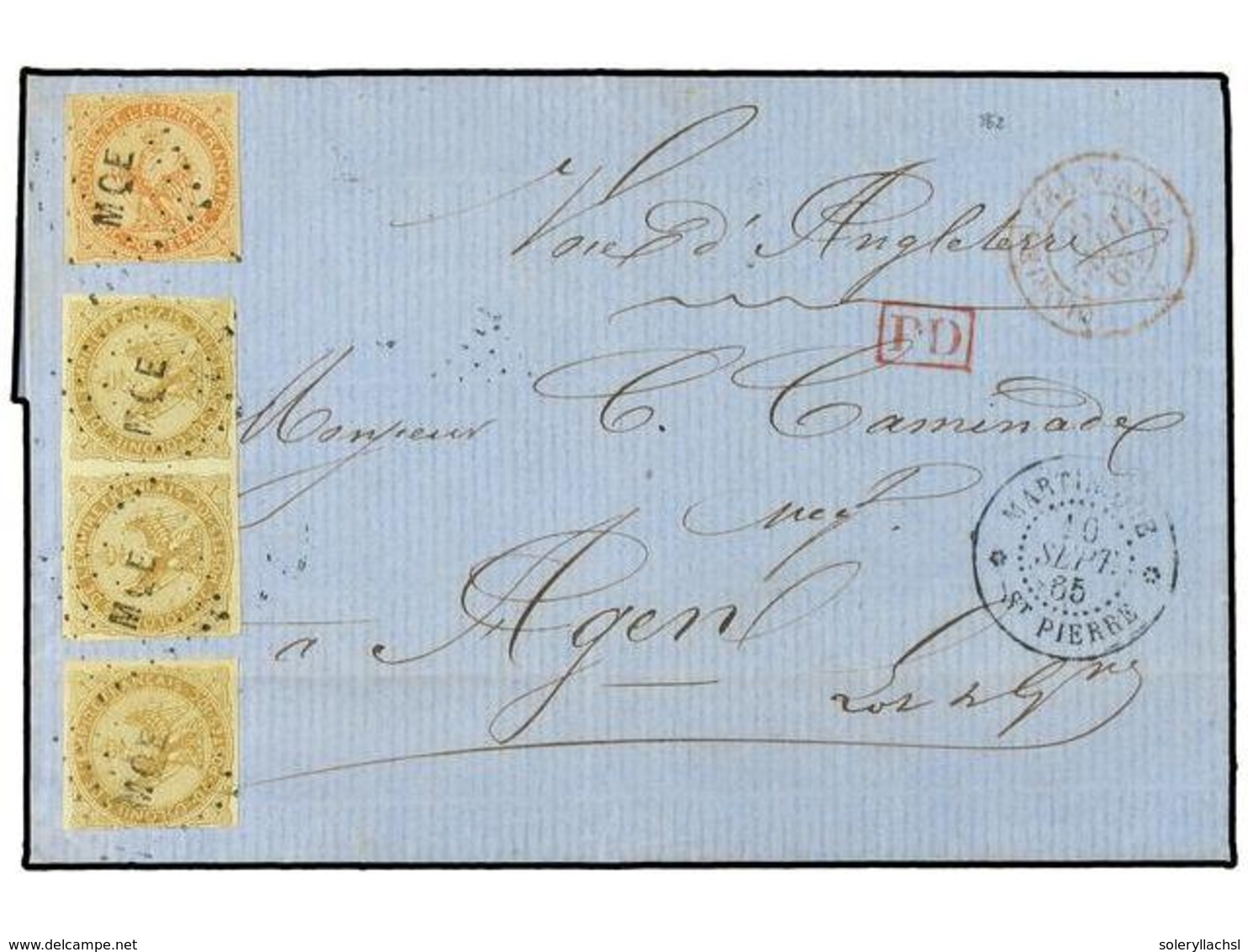 2194 MARTINICA. 1865 (Sept 10). Entire Letter From St. Pierre To Agen Franked By Fine 1859-65 <B>10c</B> Bistre (3, Incl - Sonstige & Ohne Zuordnung