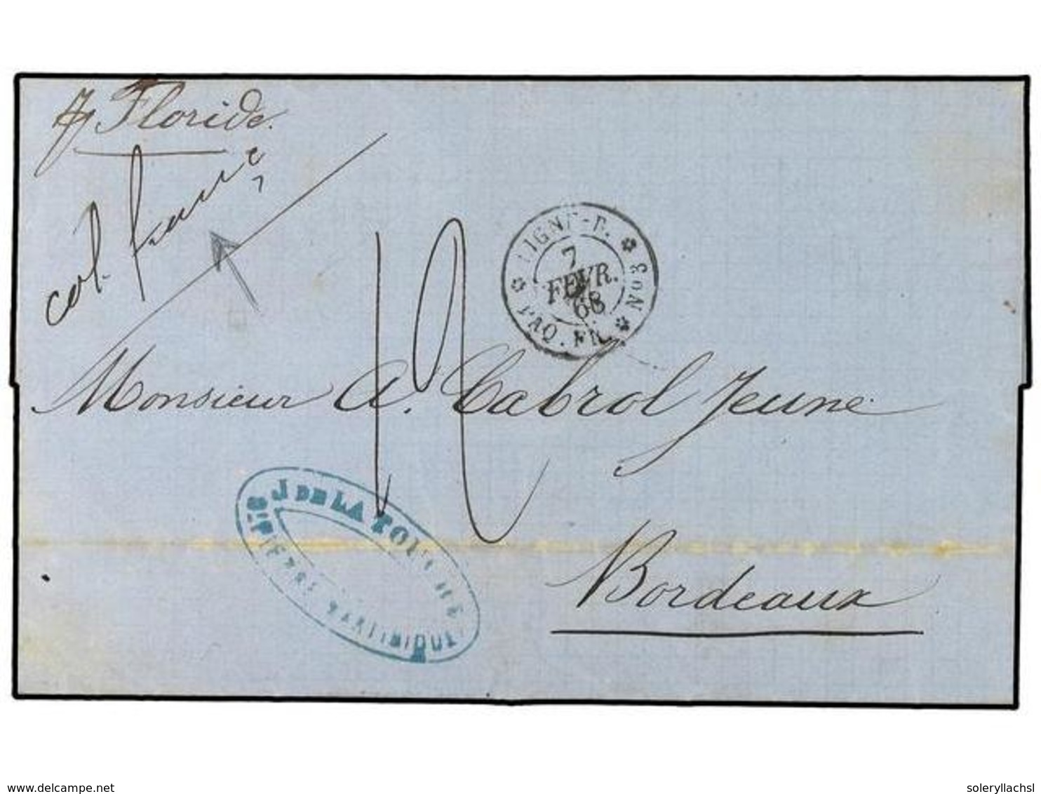 2197 MARTINICA. 1868. ST. PIERRE A BORDEAUX. Fechador Marítimo <B>LIGNE B/* PAQ. FR. * Nº 3* </B>(Salles 1431). Marca De - Sonstige & Ohne Zuordnung