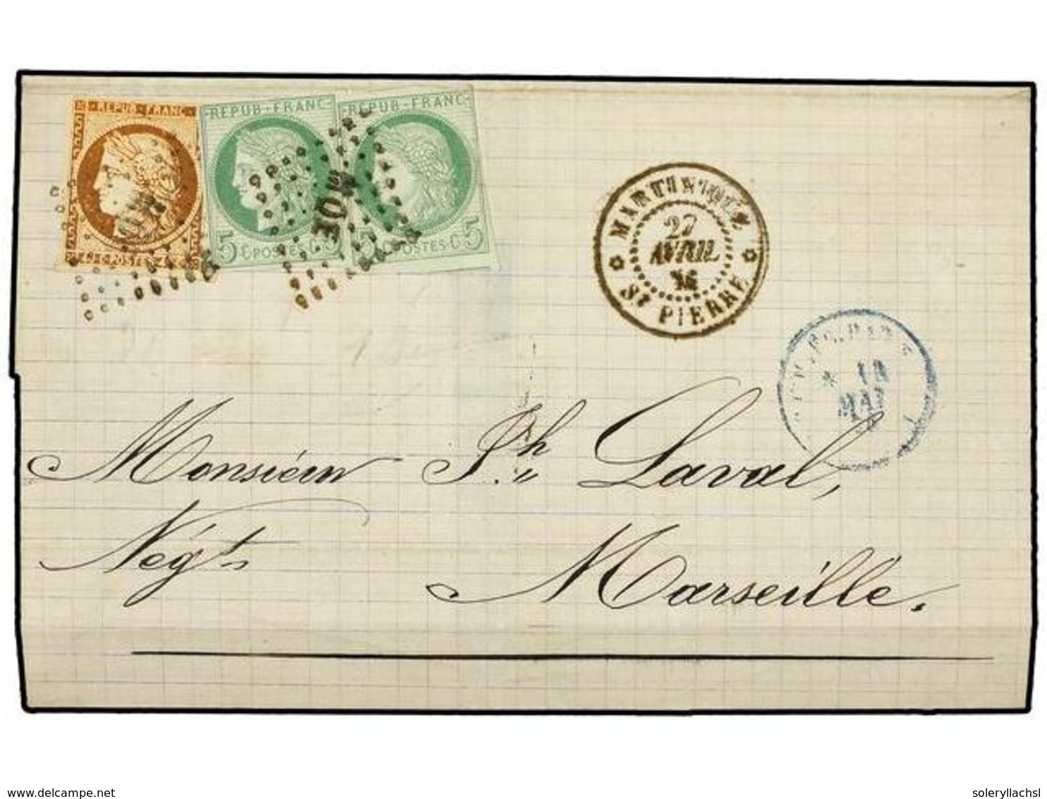 2203 MARTINICA. Ce.13+17. 1876 (April 27). Cover To MARSEILLE Franked By General Issue 1871-77 <B>5.</B> Green On Greeni - Sonstige & Ohne Zuordnung