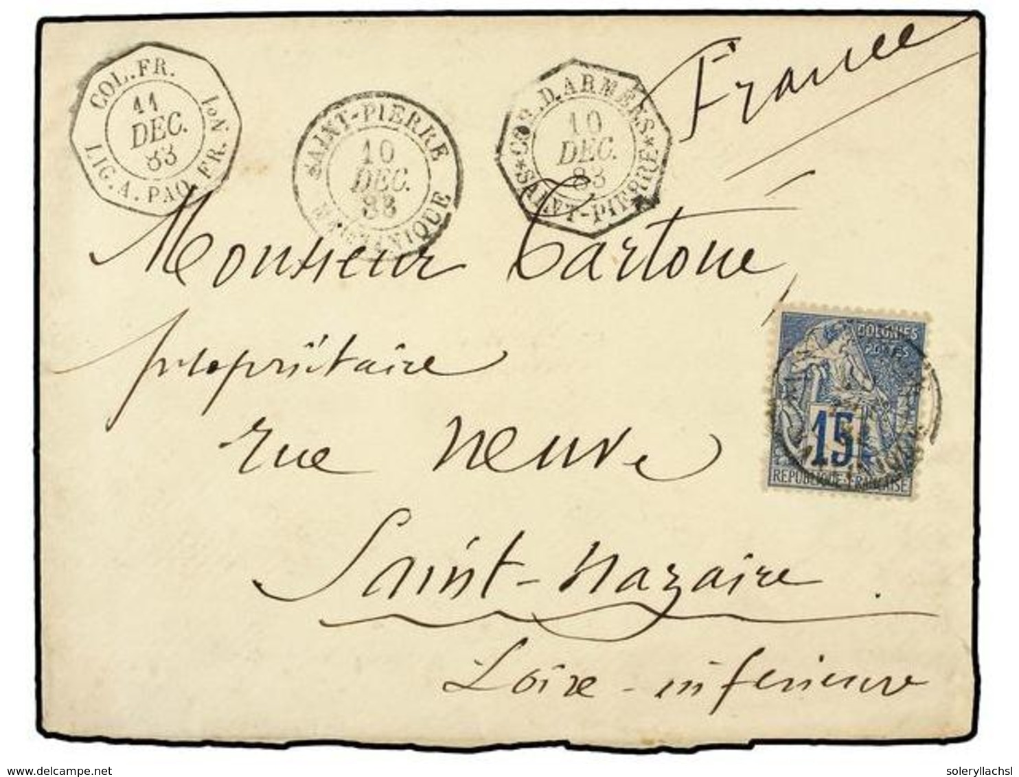 2208 MARTINICA. 1883 (Dec 10). Cover At Military Concession Rate To ST. NAZAIRE Franked By 1881 Dubois <B>15c.</B> Blue  - Sonstige & Ohne Zuordnung