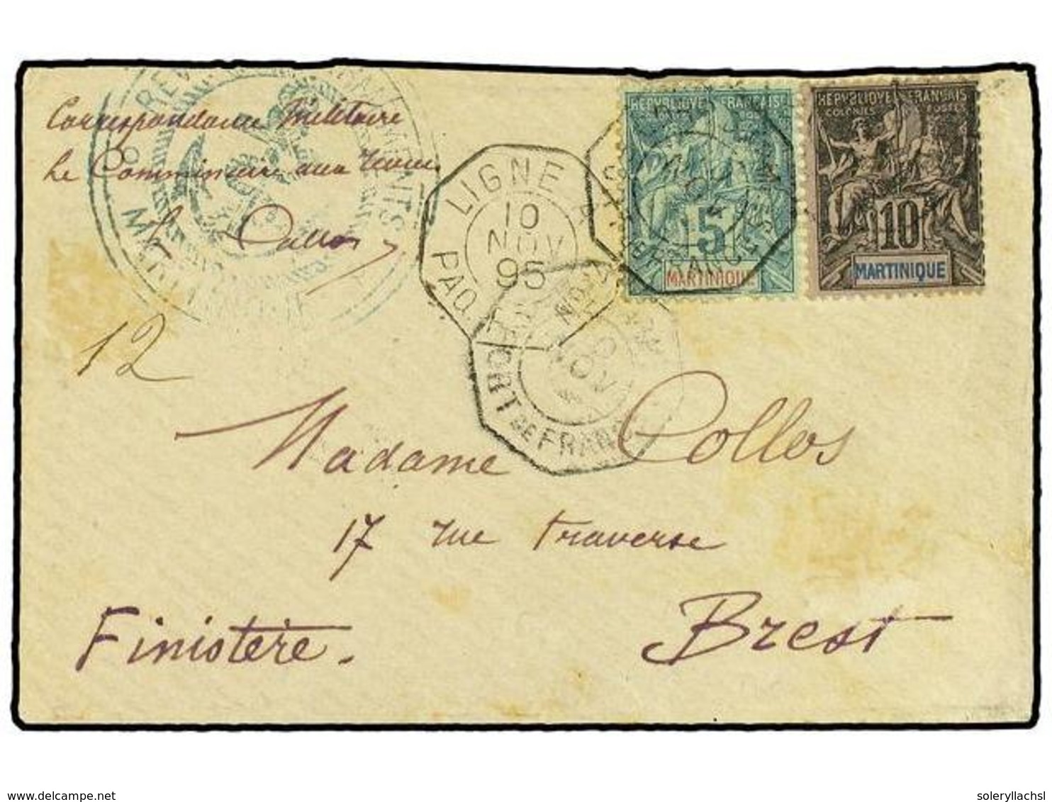 2219 MARTINICA. 1895. Military Mail Envelope To France Bearing <B>5 C</B> Green (Yvert 34) And<B> 10 C</B> Black (Yvert  - Sonstige & Ohne Zuordnung