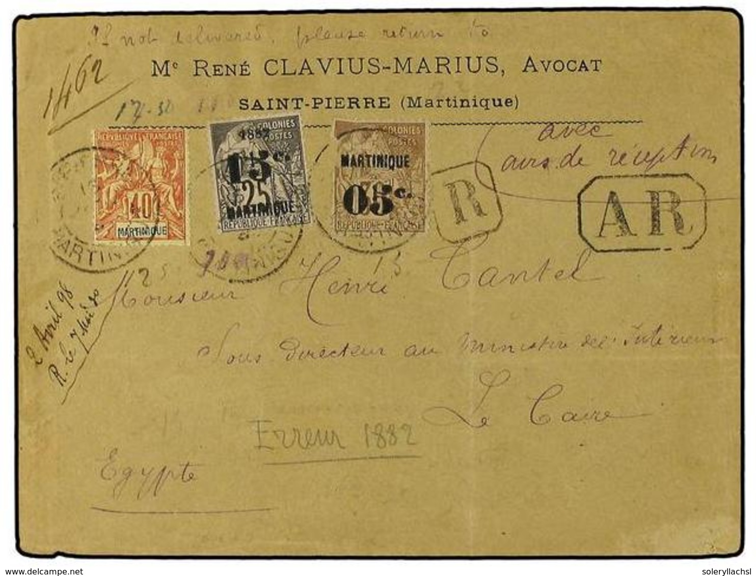 2221 MARTINICA. 1896. Registered Envelope To EGYPT Bearing <B>05 On 30 Cents</B> Brown (Yvert 12, Fault), <B>15 On 25 Ce - Other & Unclassified