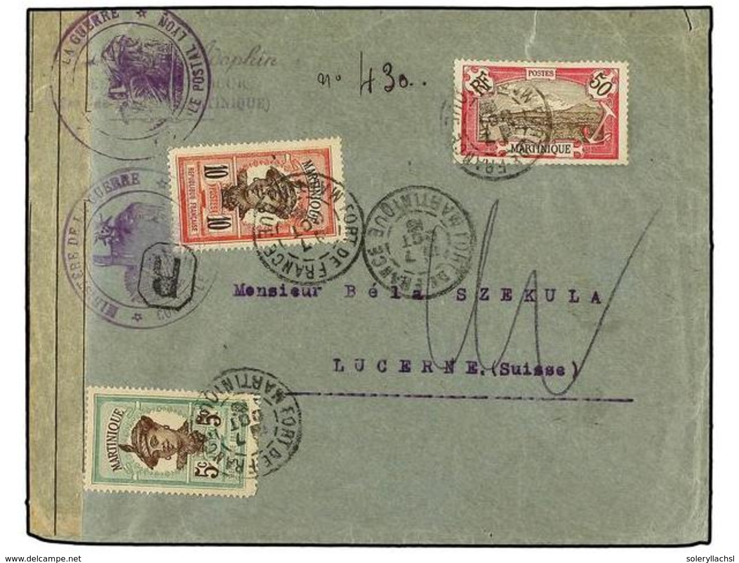 2226 MARTINICA. 1915. FORT DE FRANCE A SUIZA. <B>5 Cts., 10 Cts. Y 50 Cts.</B> Carta Certificada, Etiqueta De Censura Y  - Other & Unclassified