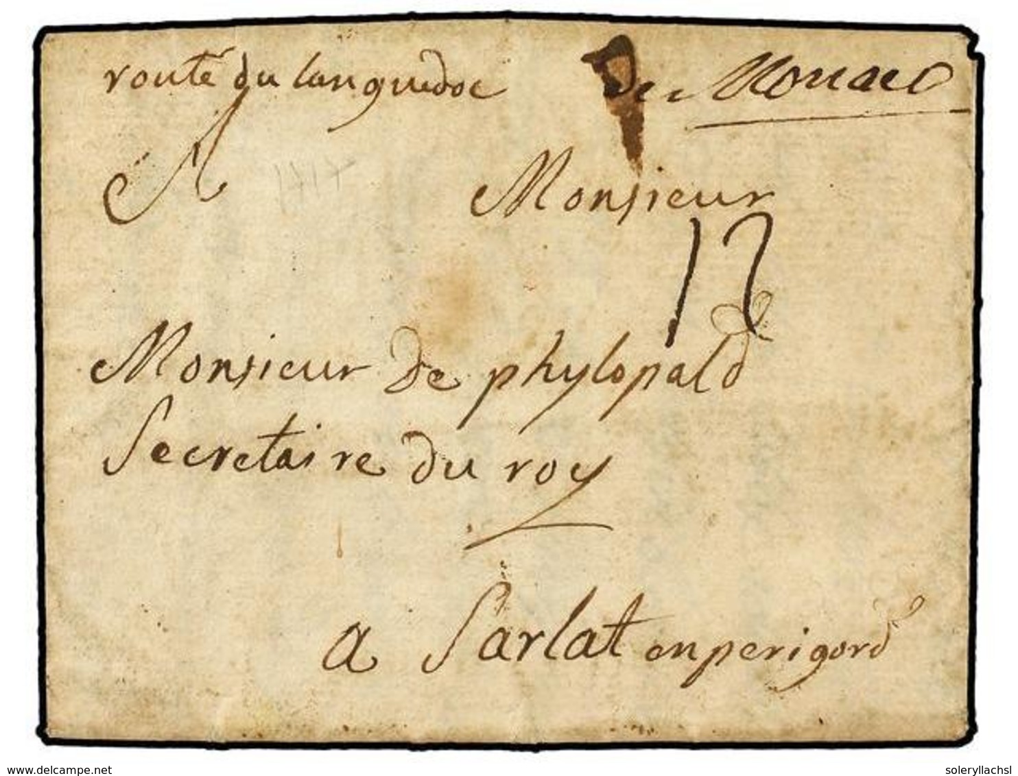 2237 MONACO. 1717 (12 Julio). MÓNACO A SARLAT. Marca 'DE MONACO' Manuscrita Y Tasa De 12 Sous. Muy Rara En Fecha Tan Tem - Sonstige & Ohne Zuordnung