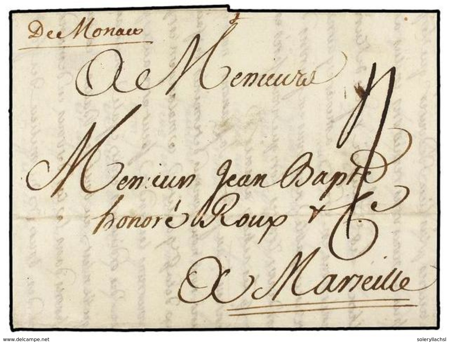 2238 MONACO. 1740 (6 Julio). LIVORNO A MARSELLA. Encaminada Vía Mónaco, Marca Manuscrita 'DE MONACO'. Magnífica Y Rara E - Sonstige & Ohne Zuordnung