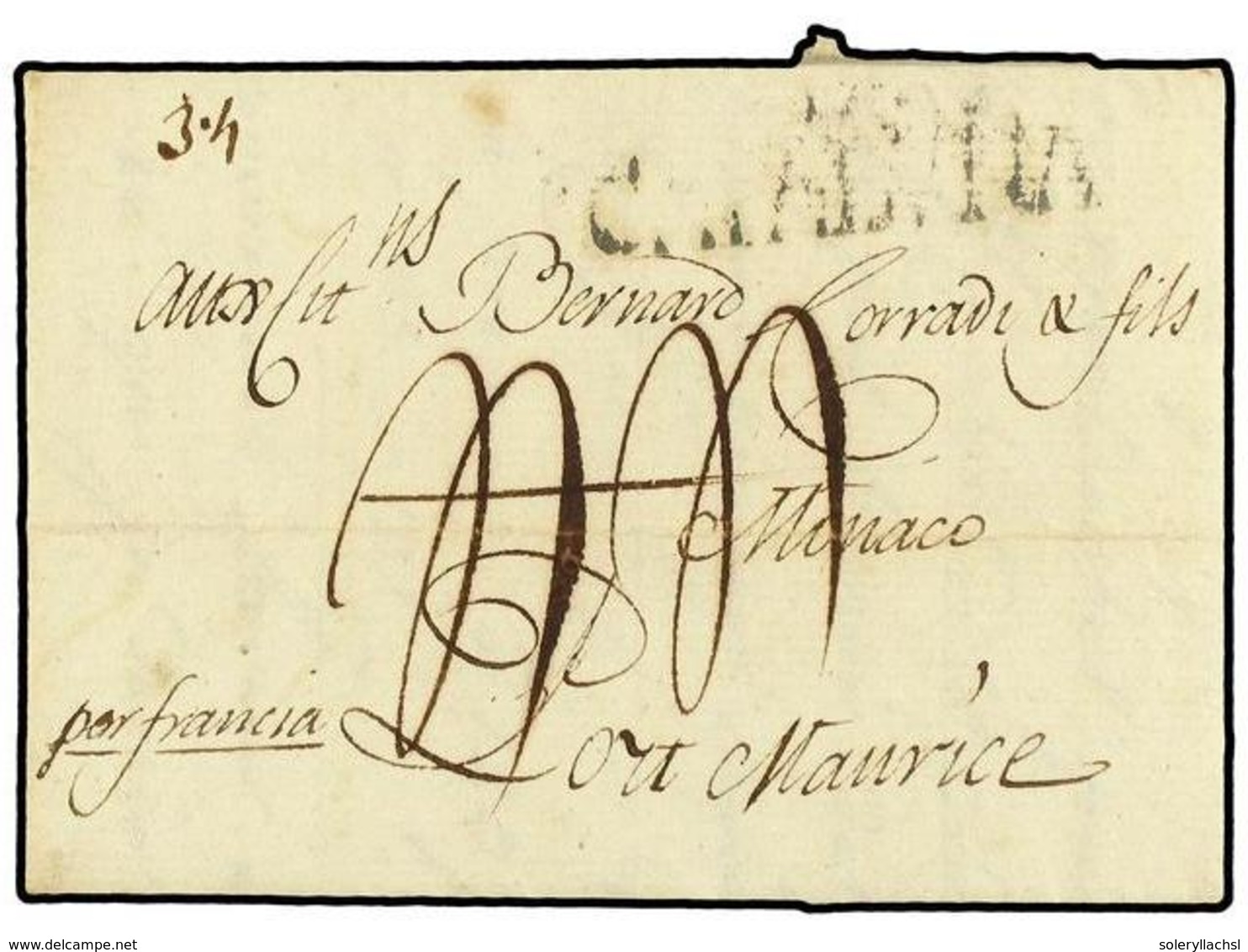 2242 MONACO. 1799. BARCELONA A PORT MAURICE (Monaco). Circulada Con La Marca <B>CATALUÑA</B> Estampada En Barcelona. Rar - Sonstige & Ohne Zuordnung