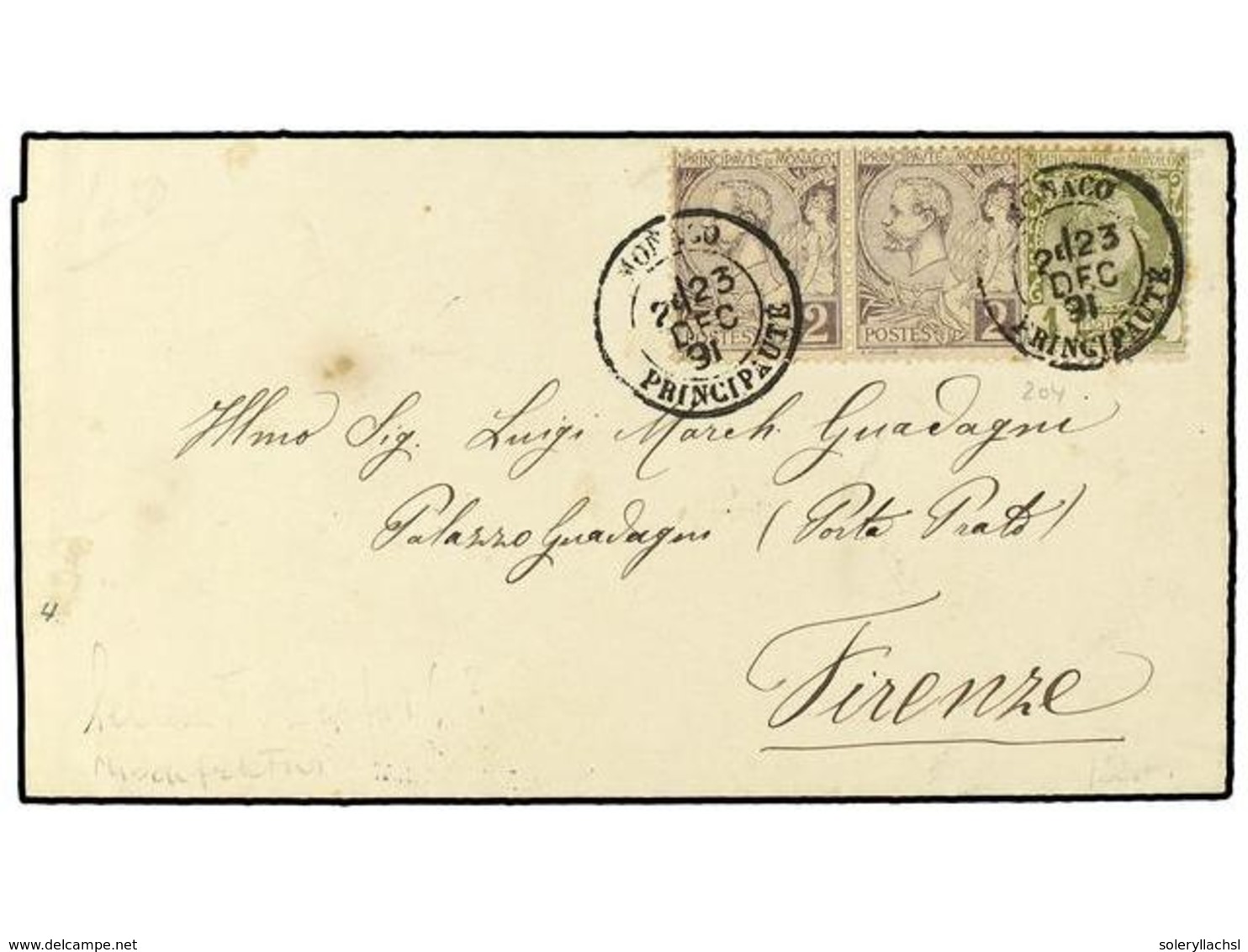 2245 MONACO. 1891(Dec 23). Cover To Florence, Italy From Monte Carlo Franked By Combination Of 1885 <B>1c</B> Olive Gree - Other & Unclassified