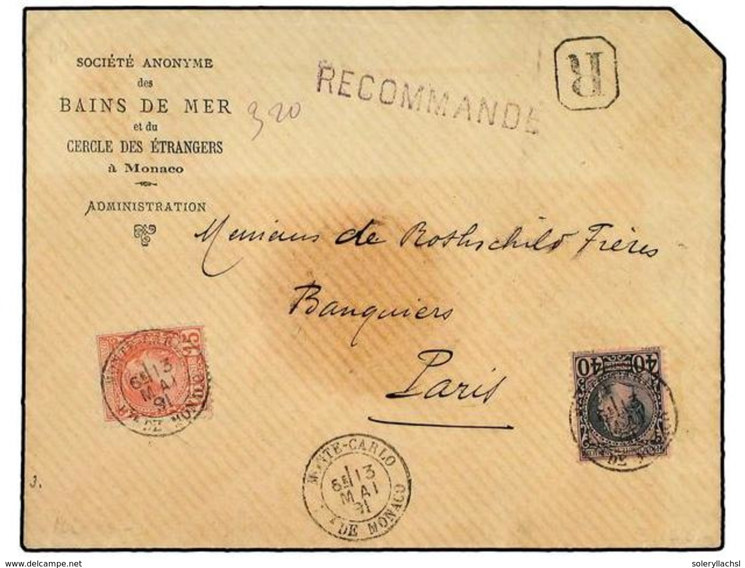 2247 MONACO. 1891(May 31). Registered Cover From Monaco To Paris Franked By 1885 First Issue <B>15c</B> Rose And <B>40c< - Sonstige & Ohne Zuordnung