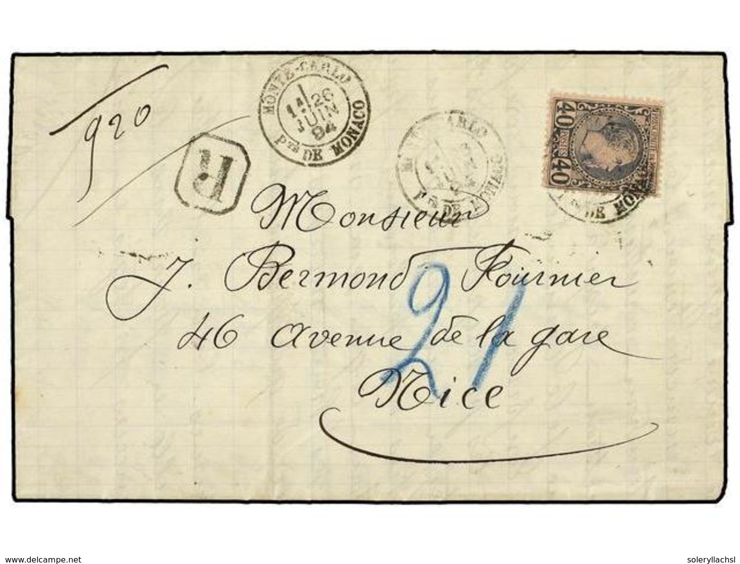 2248 MONACO. Sg.7. 1894 (June 26). Entire Letter From MONTE CARLO Sent Registered To NICE Franked By 1885 <B>40c.</B> Sl - Sonstige & Ohne Zuordnung