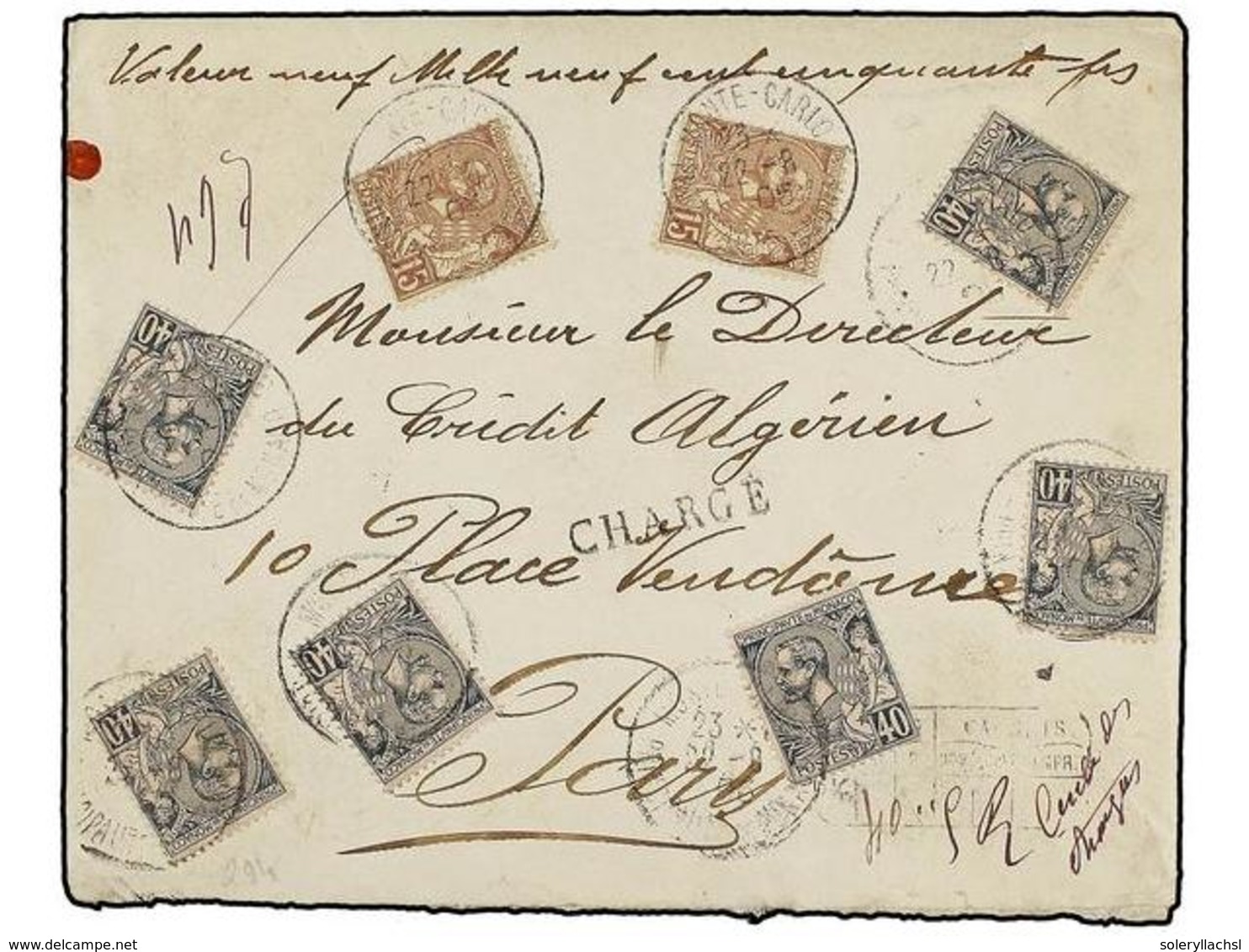 2249 MONACO. 1905. Registered And Charged Envelope To FRANCE Bearing Monaco<B> 40 Cent</B> Grey On Rose (6) (Yvert 17) A - Sonstige & Ohne Zuordnung